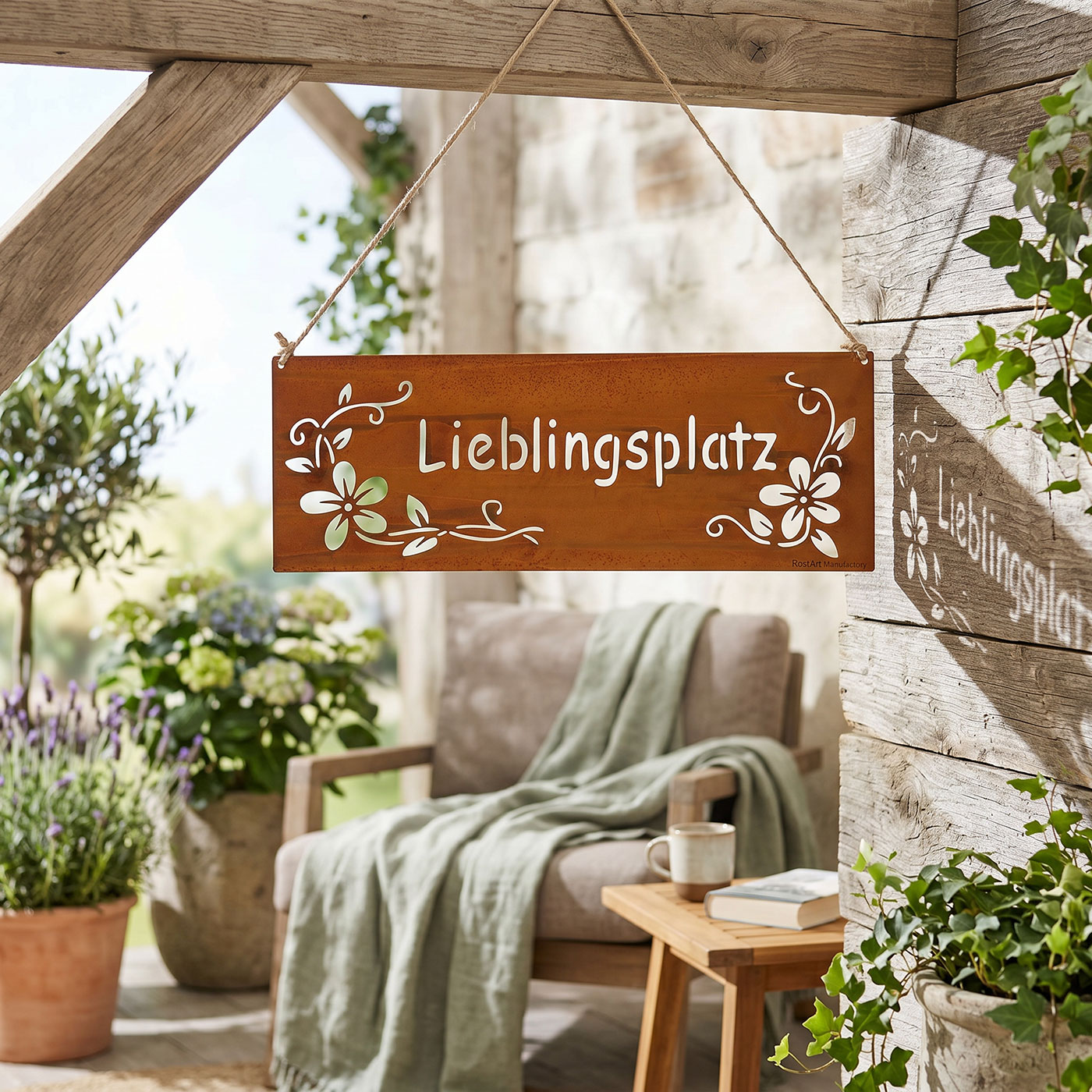 Schild Lieblingsplatz 25x9cm Außen Gartendeko Rost Braun Blumen Metall Türschild