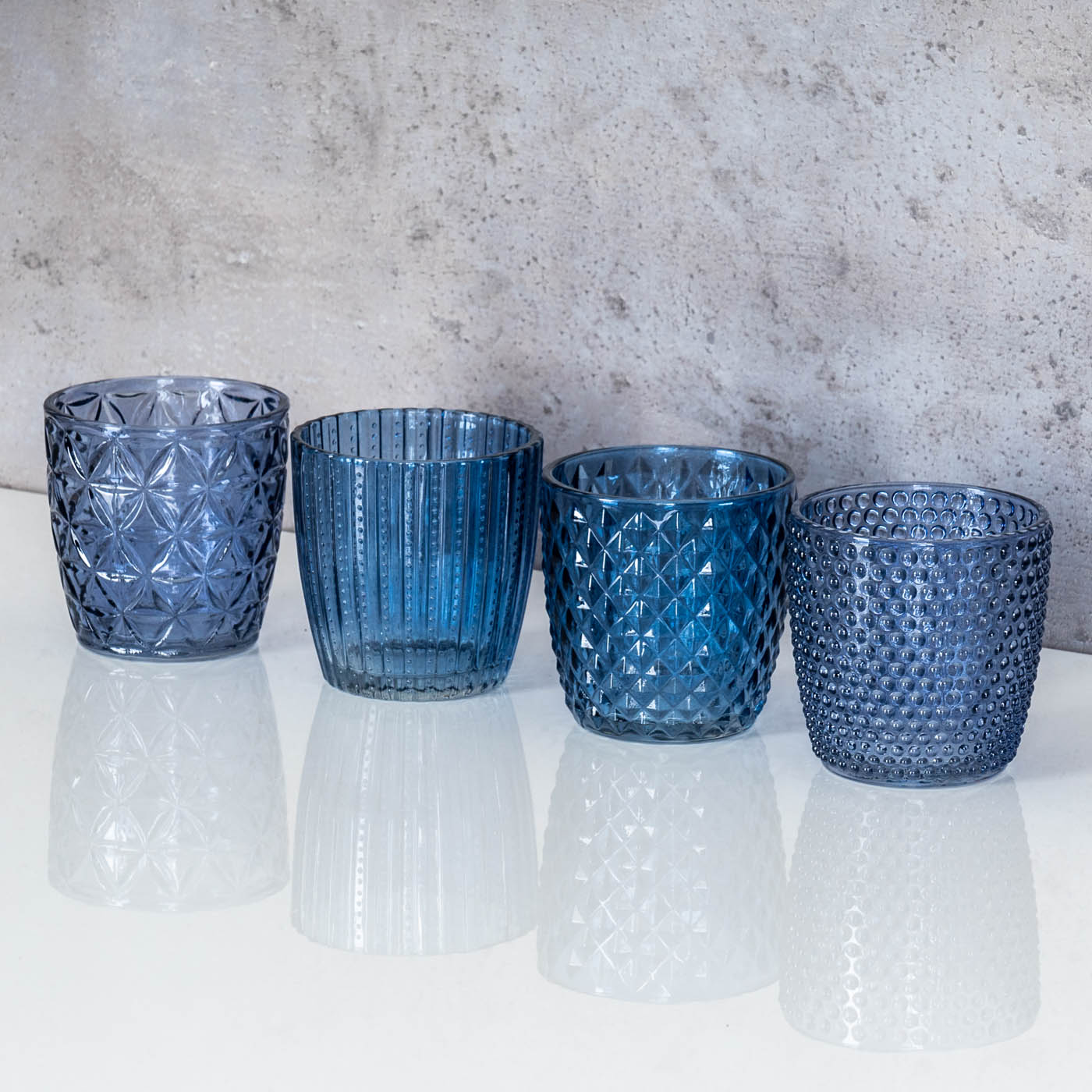 8er Set Windlicht H7,5cm Glas Blau Teelichthalter Tischdeko Kerzen Retro Deko