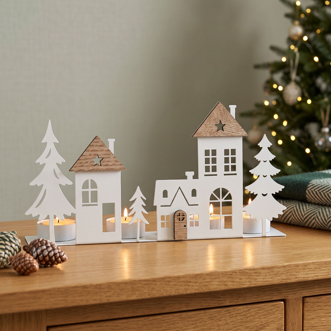 Teelichthalter Häuser Weiß 4 Kerzen MDF Holz Metall Weihnachtsdorf Advent Kerzen