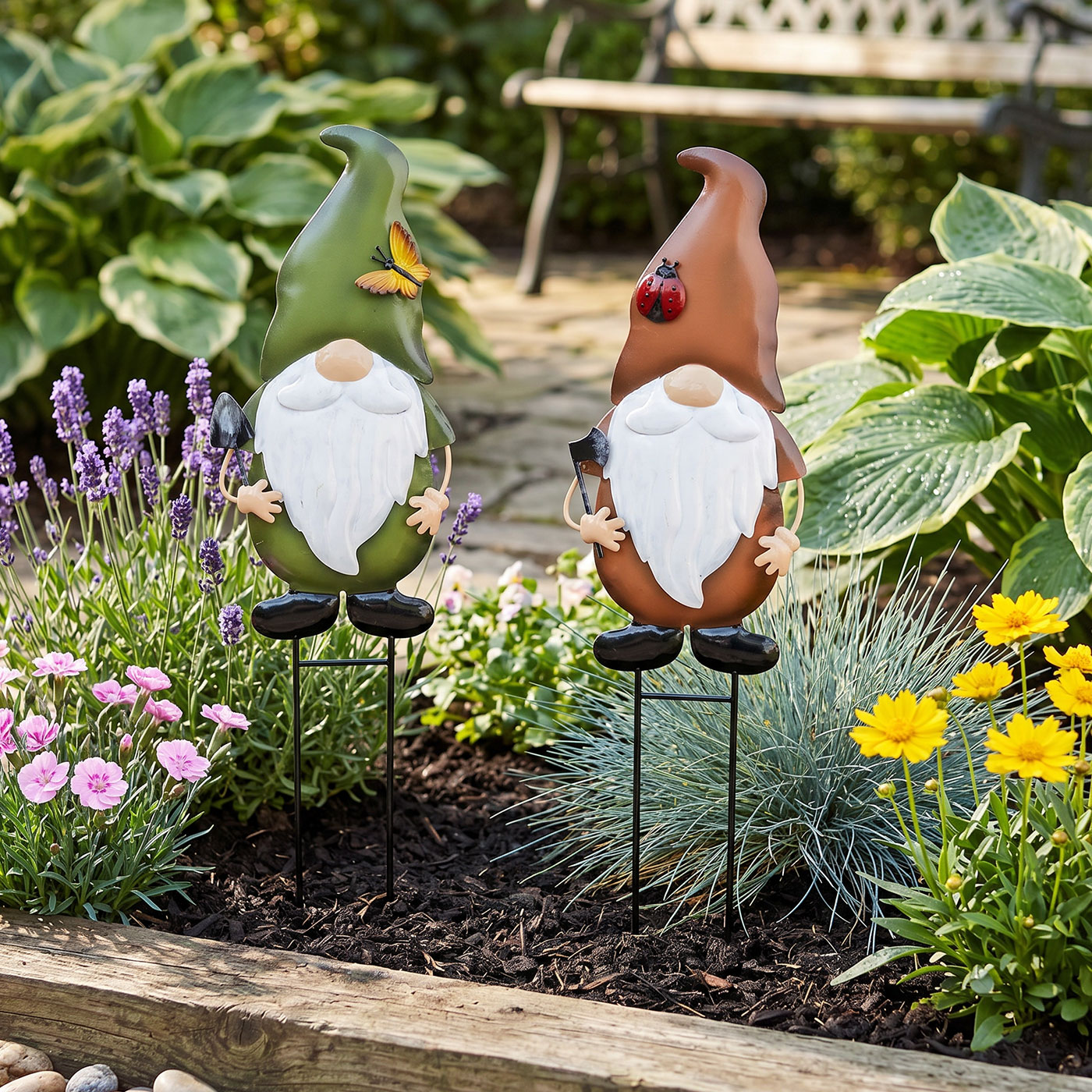 2er Set Gartenstecker Zwerg H48cm Metall Beetstecker Gnom Gartendeko Garten Figur