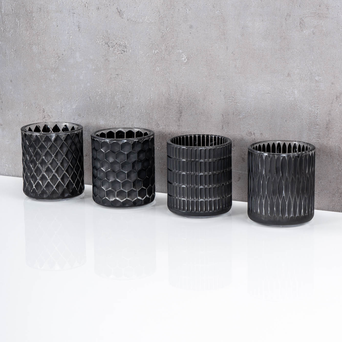 4er Set Teelichthalter Schwarz Glas Windlicht Tischdeko Kerzenhalter Kerzen Deko