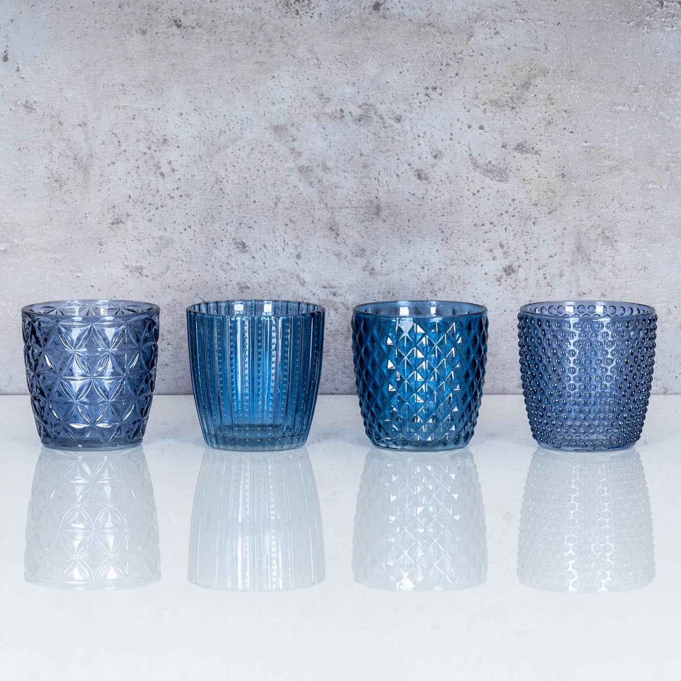 8er Set Windlicht H7,5cm Glas Blau Teelichthalter Tischdeko Kerzen Retro Deko