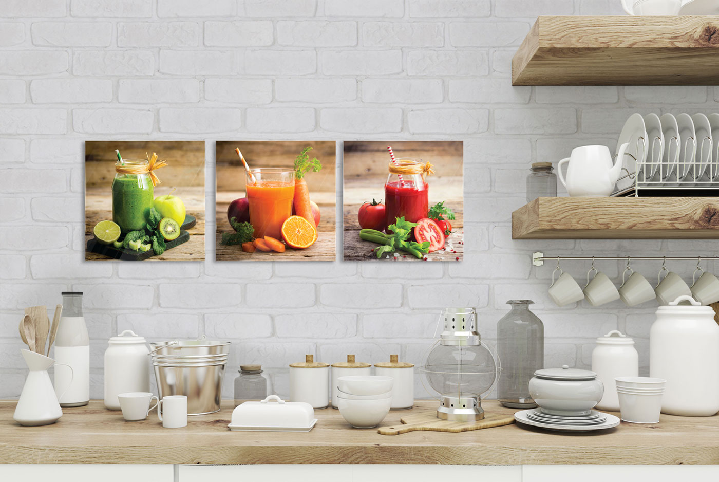 3er Set Wandbild je 30x30cm Glasbild Smoothie Küche Shake Küchendeko Obst Veggie