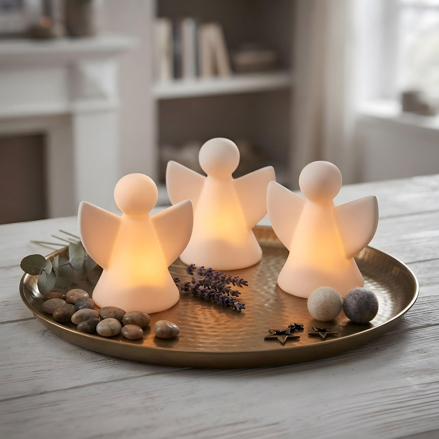 3er Set LED Deko Licht Engel Weiß Porzellan Weihnachtsdeko Engelfigur Tischdeko