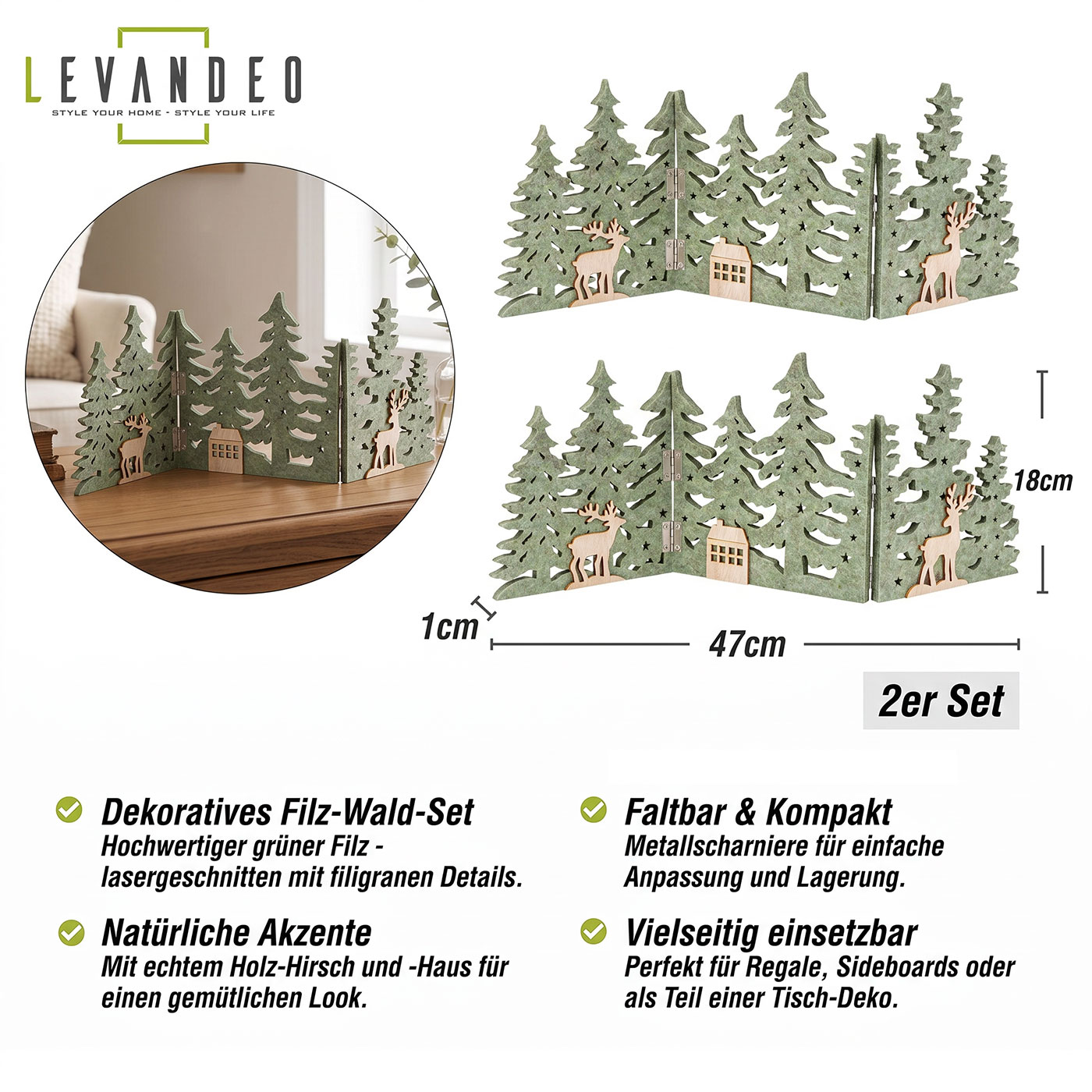 2er Set Wald Silhouette Grün Filz Deko Waldhütte Hirsch Deko Aufsteller Tischdeko