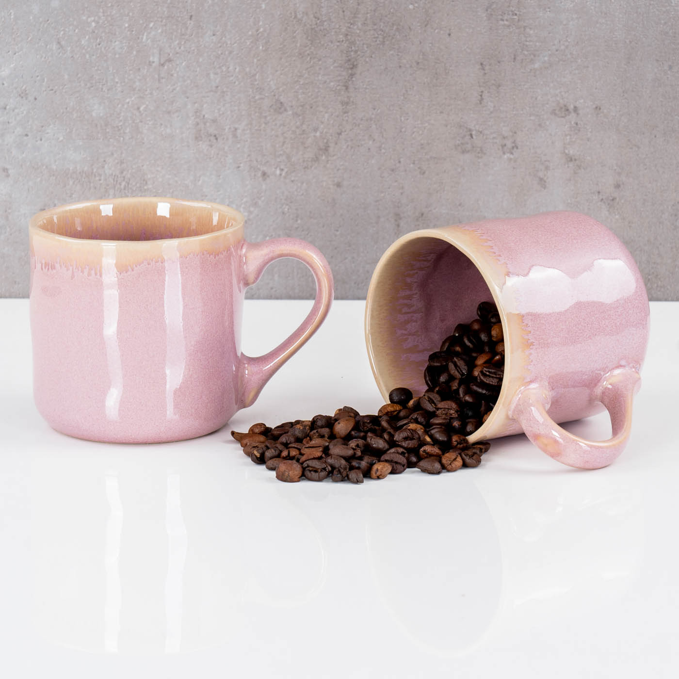 4er Set Steingut Becher 350ml Tasse Rosa Kaffeepott Tasse Modern Design Küche