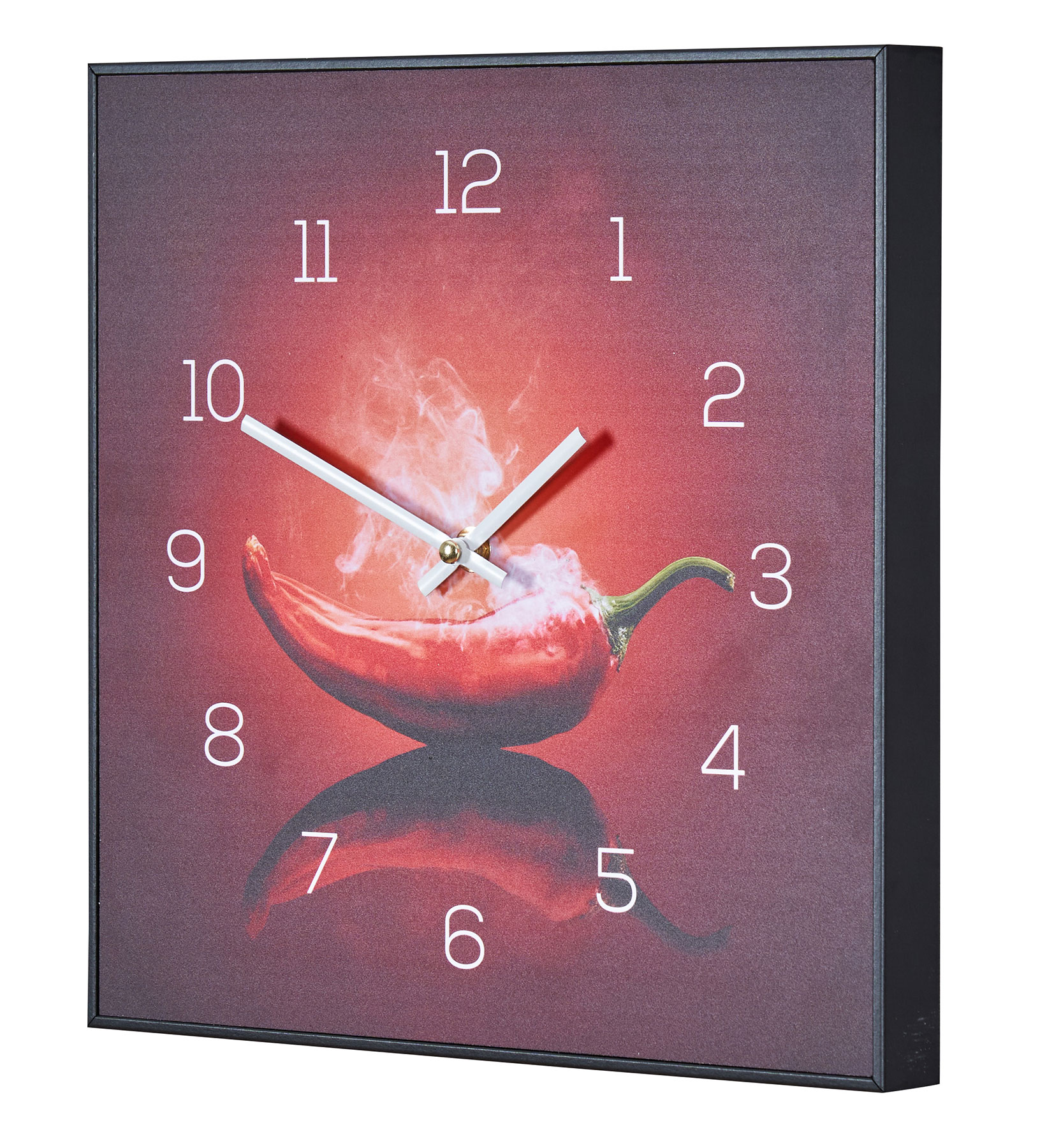 Wanduhr 30x30cm Uhr PVC Rahmen Schwarz Küche Chili Peperoni Wandbild Wanddeko