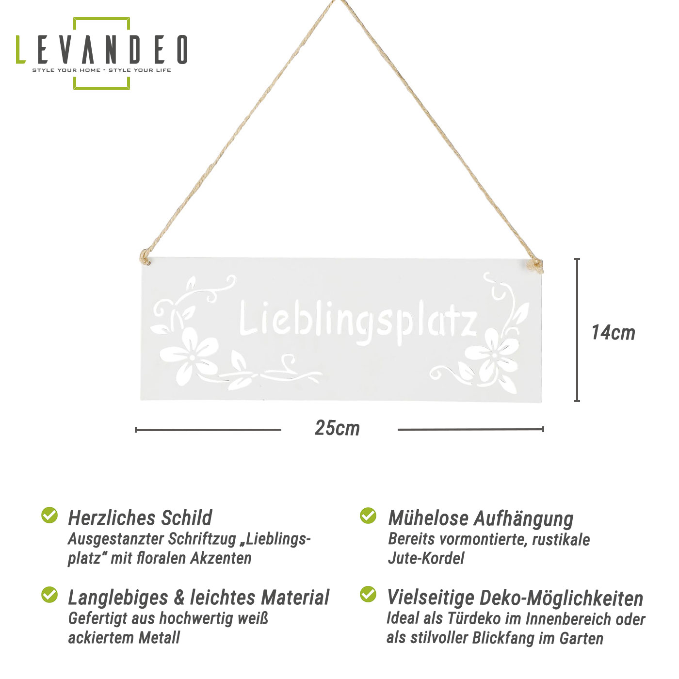 Schild Lieblingsplatz 25x9cm Außen Garten-Deko Weiß Blumen Metall Türschild