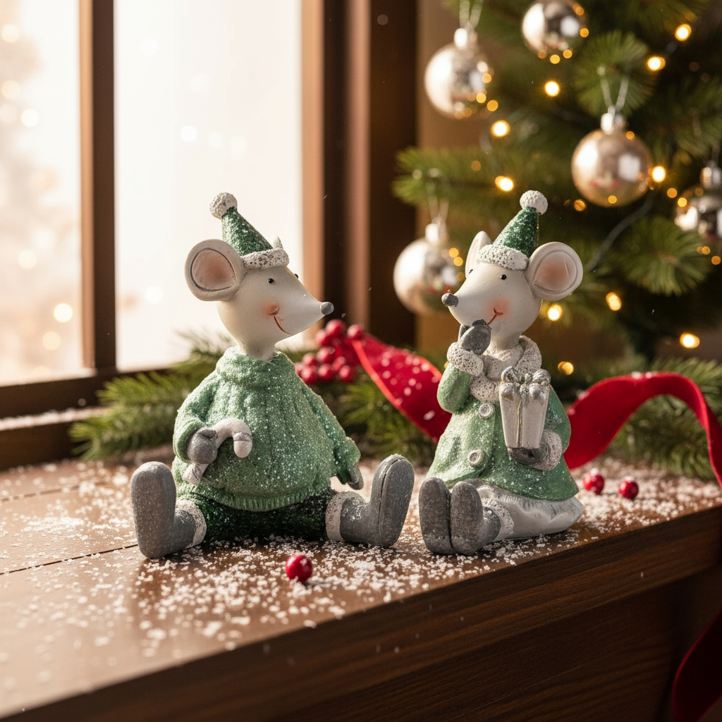 2er Set Mäuse Weihnachten Deko Kunstharz Grün Weiß Weihnachtsdeko Tischdeko