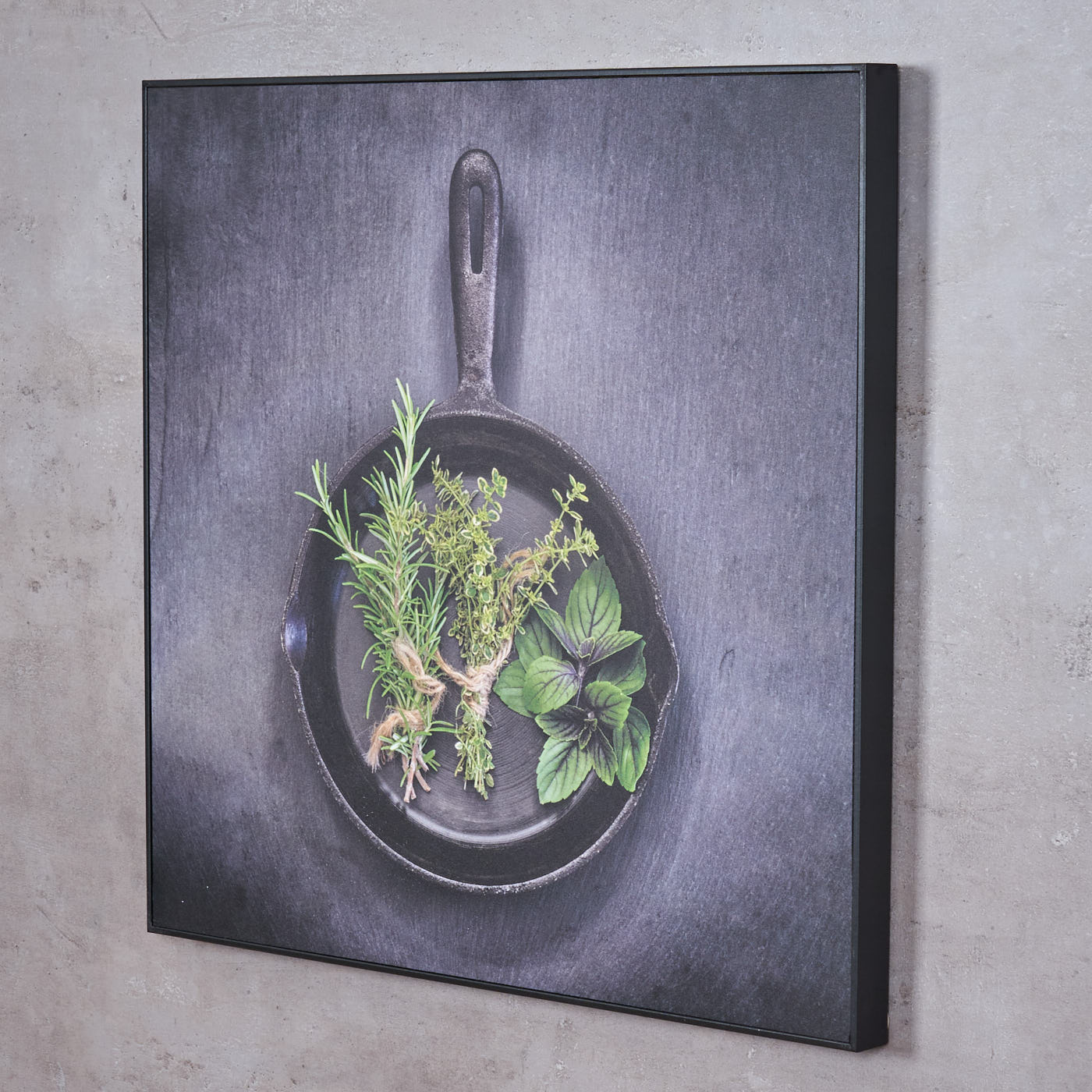 Wandbild 50x50cm PVC Rahmen Schwarz Küche Kräuter Pfanne Wanddeko Bild Deko