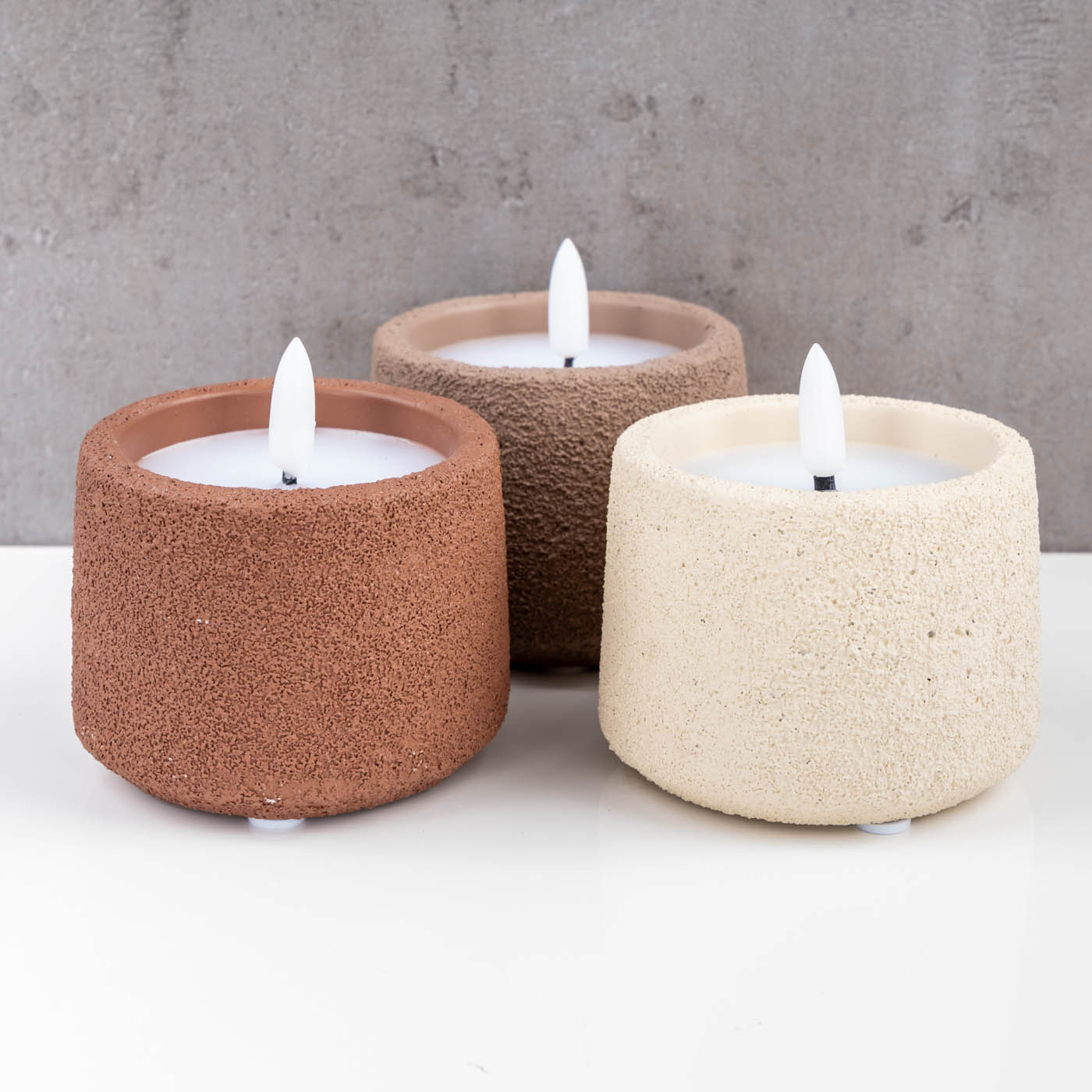 3er Set LED Kerzen mit Timer Echtwachs Beton Braun Beige Tischdeko Boho Stil