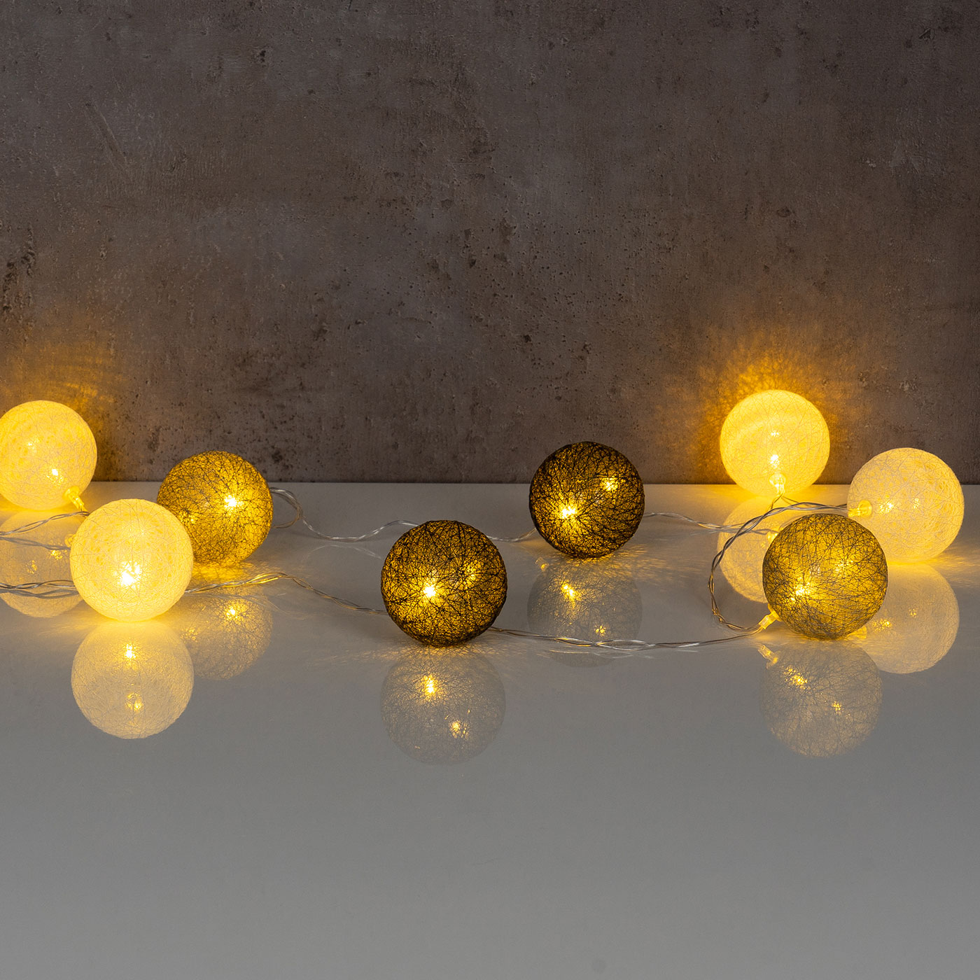 15er Lichterkette Ø4cm LED Kugeln Girlande Lampions Baumwolle Grau Deko