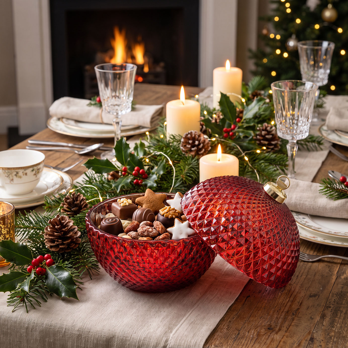 Deko Dose Weihnachten Ø13cm Weihnachtskugel Bonbon Glas Rot Tischdeko Candy Bar