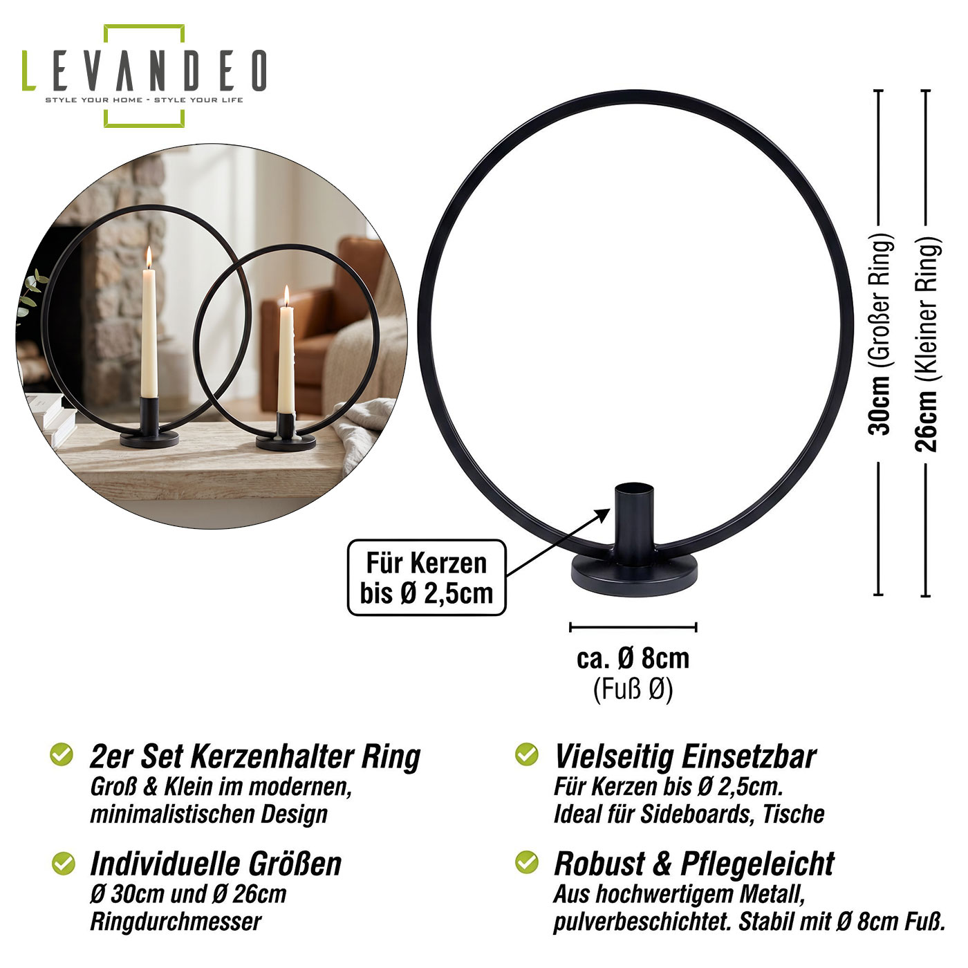 2er Set Kerzenhalter Ring Metall Stabkerzenhalter Tischdeko Kerzenständer Metallring