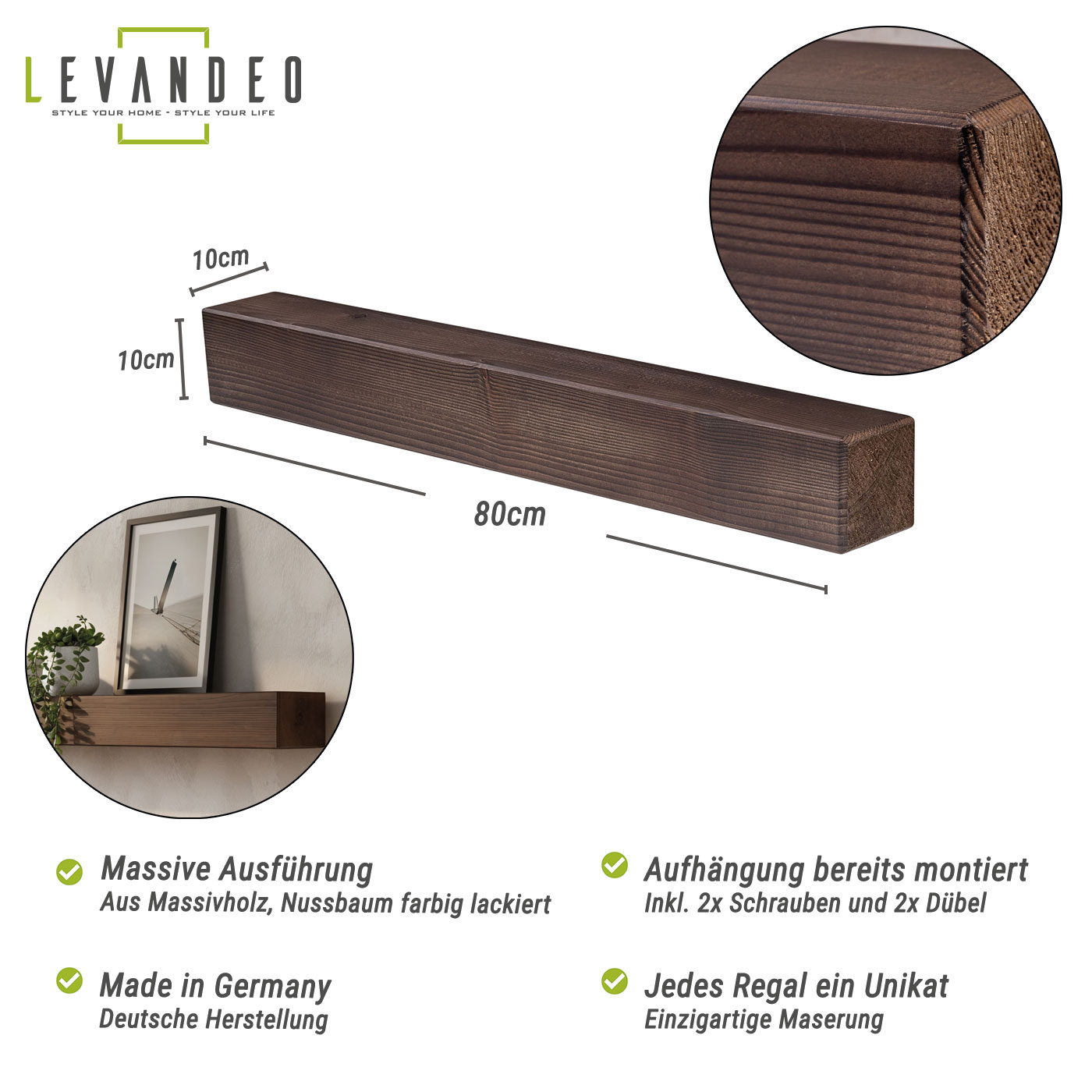 levandeo Wandregal Holz Massiv 80x10cm Nussbaum Farbig Wandboard Regal Vintage