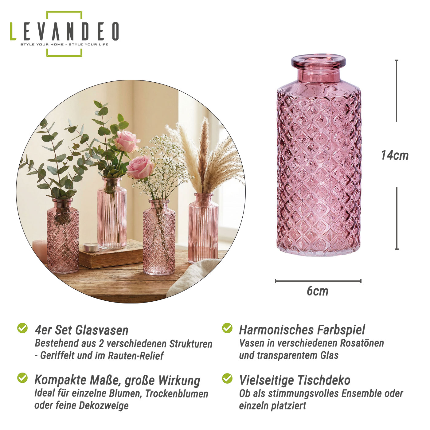 4er Set Vase Rosa H14cm Glas Blumenvase Tischdeko Frühling Blumendeko Glasvase