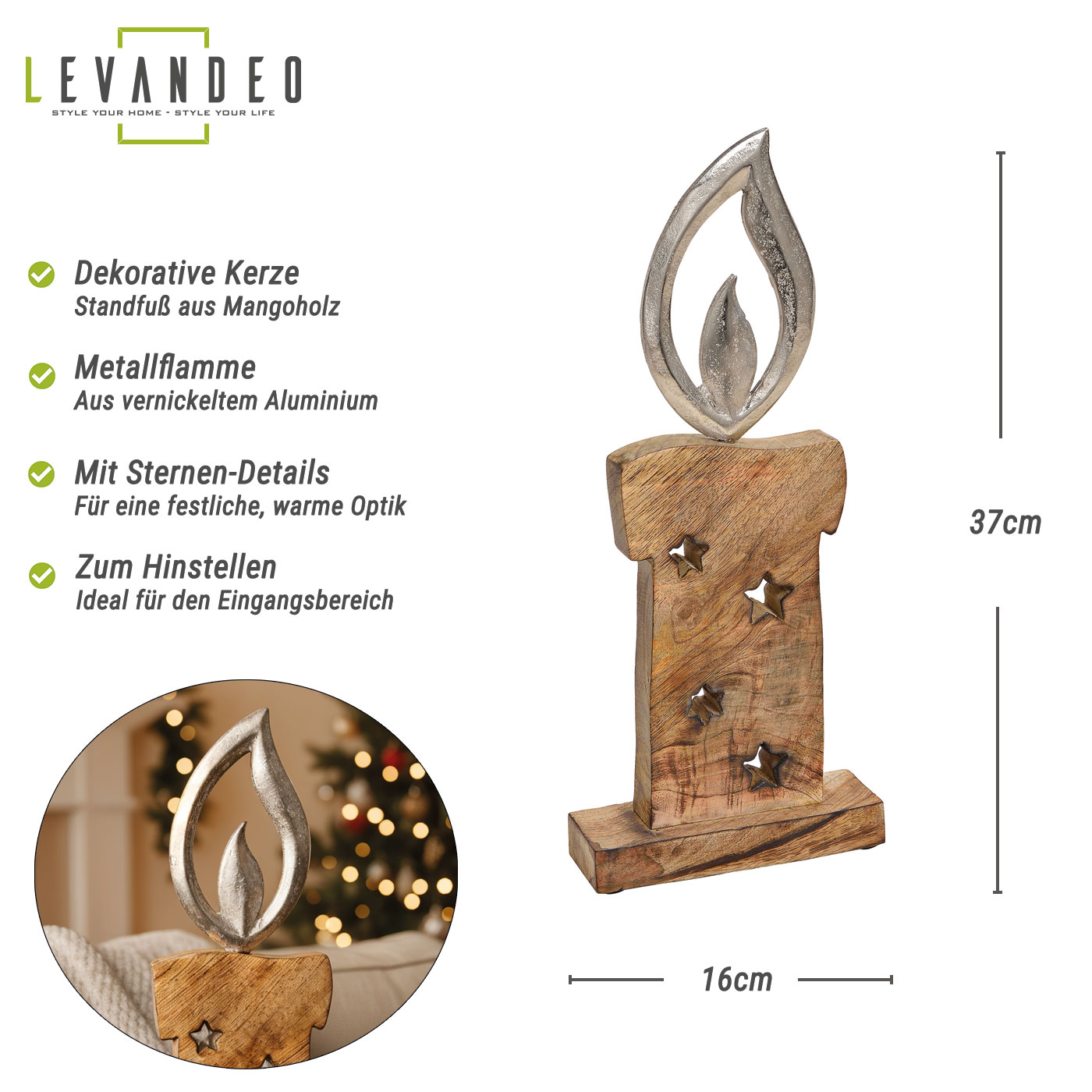 Weihnachtsdeko Kerze Mangoholz H37cm Deko Aufsteller Holz Metall Weihnachten