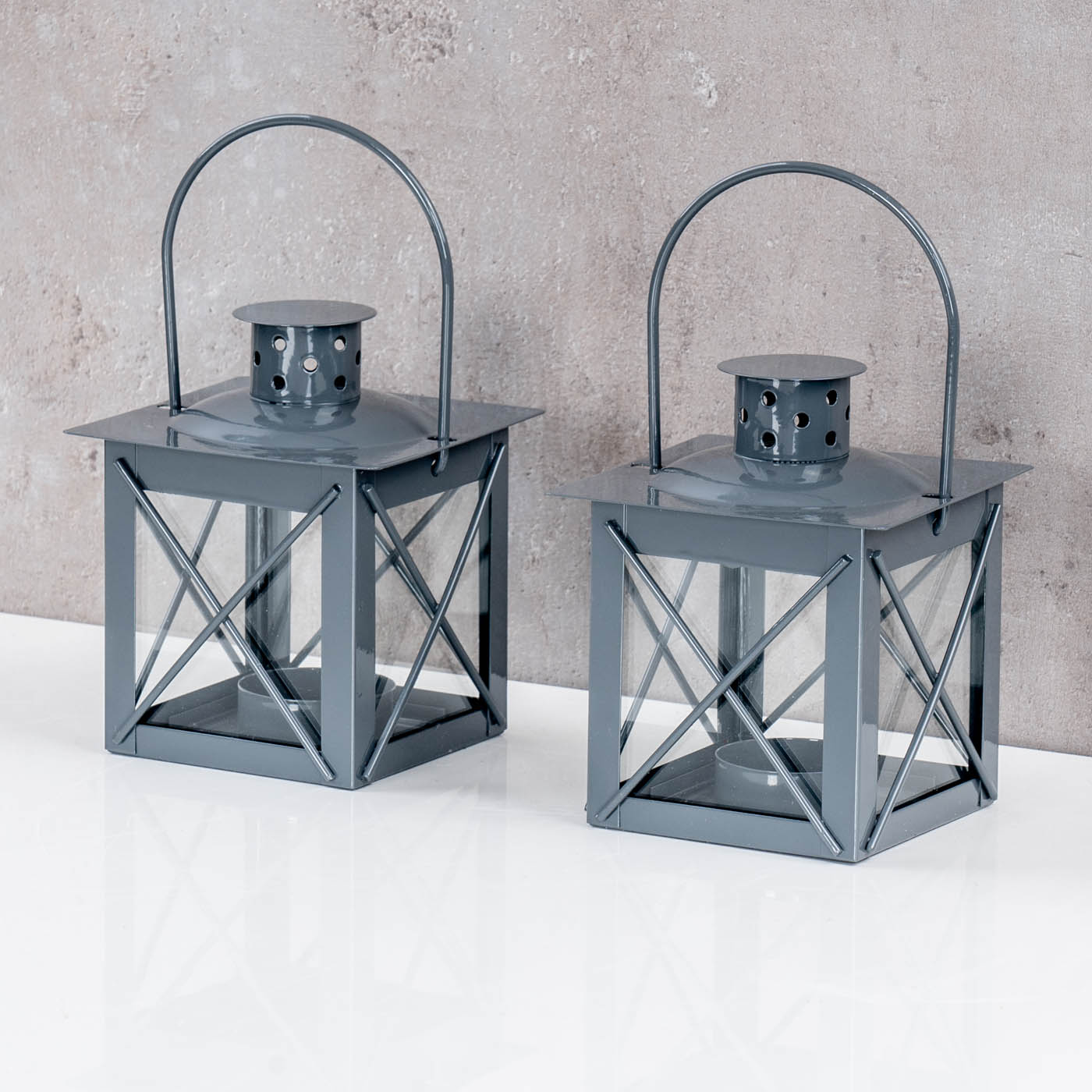 2er Set Windlicht H10cm Laterne Grau Metall Tischdeko Kerze Teelichthalter