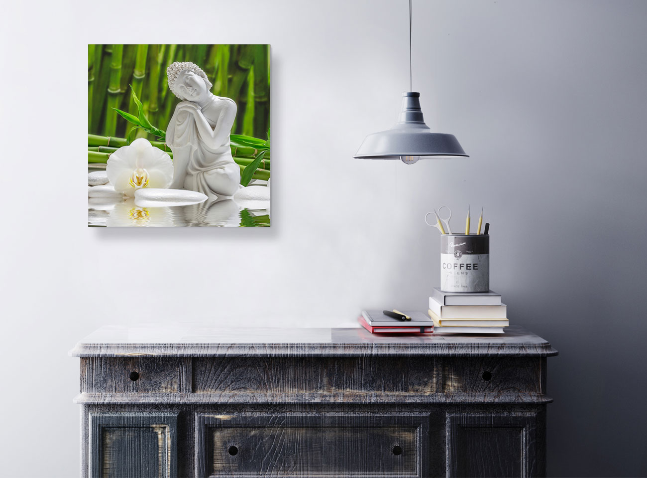 levandeo Glasbild 30x30cm Weiße Orchidee Bambus Buddha Wandbild Wanddeko