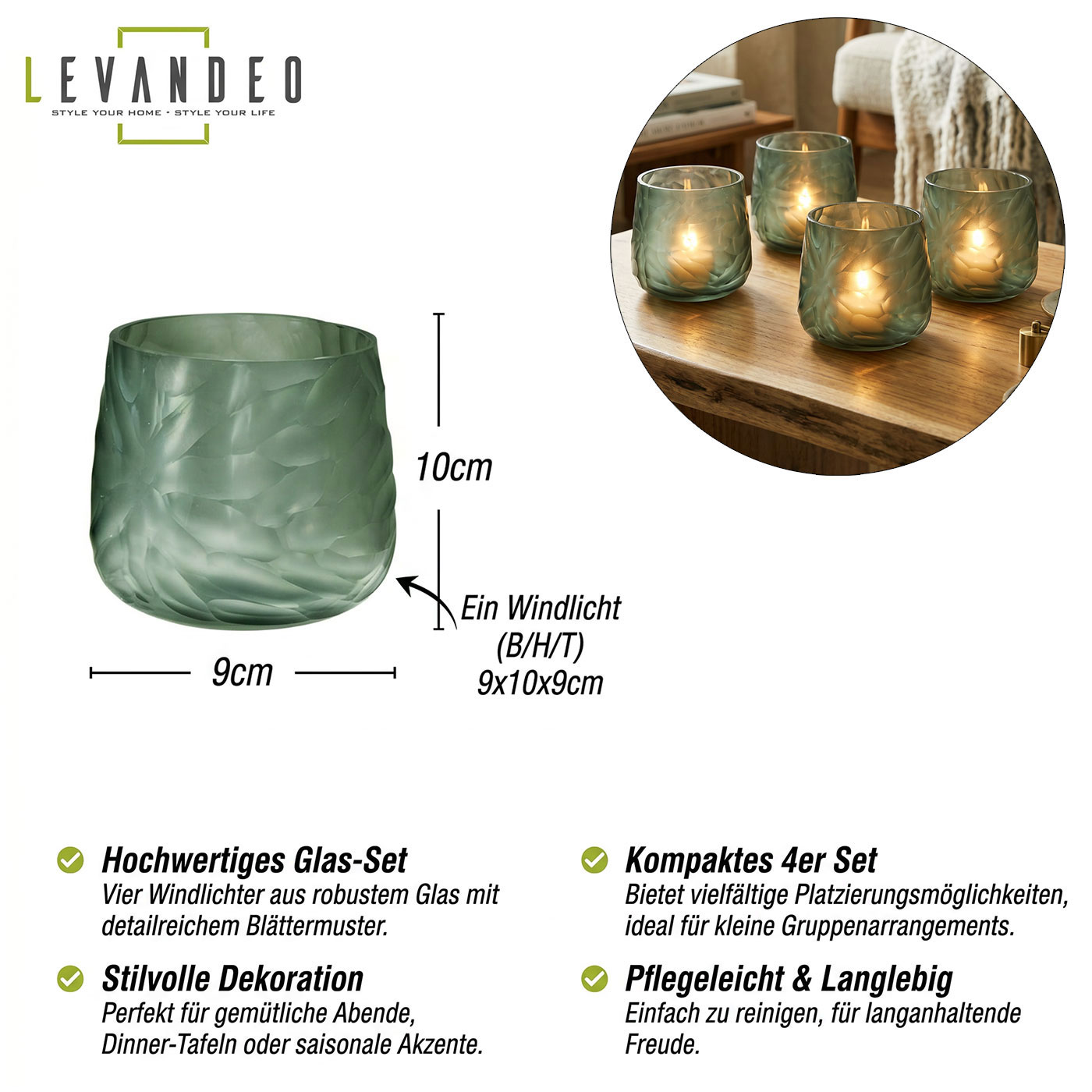 4er Set Glas Windlicht Grün Grau H10cm Teelichthalter Rauchgrau Tischdeko
