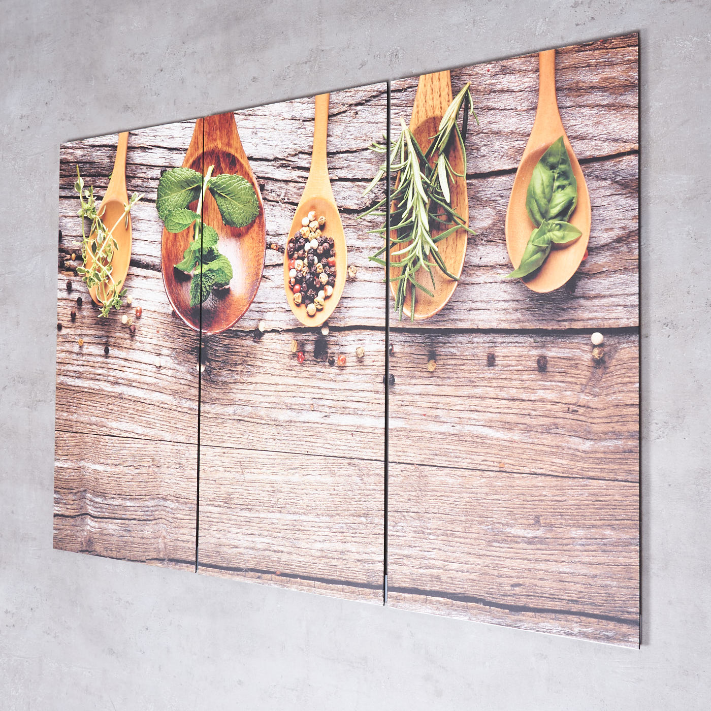 3er Set Wandbild 90x60cm Aluminium Dibond Kräuter Gewürze Küche Deko Wanddeko