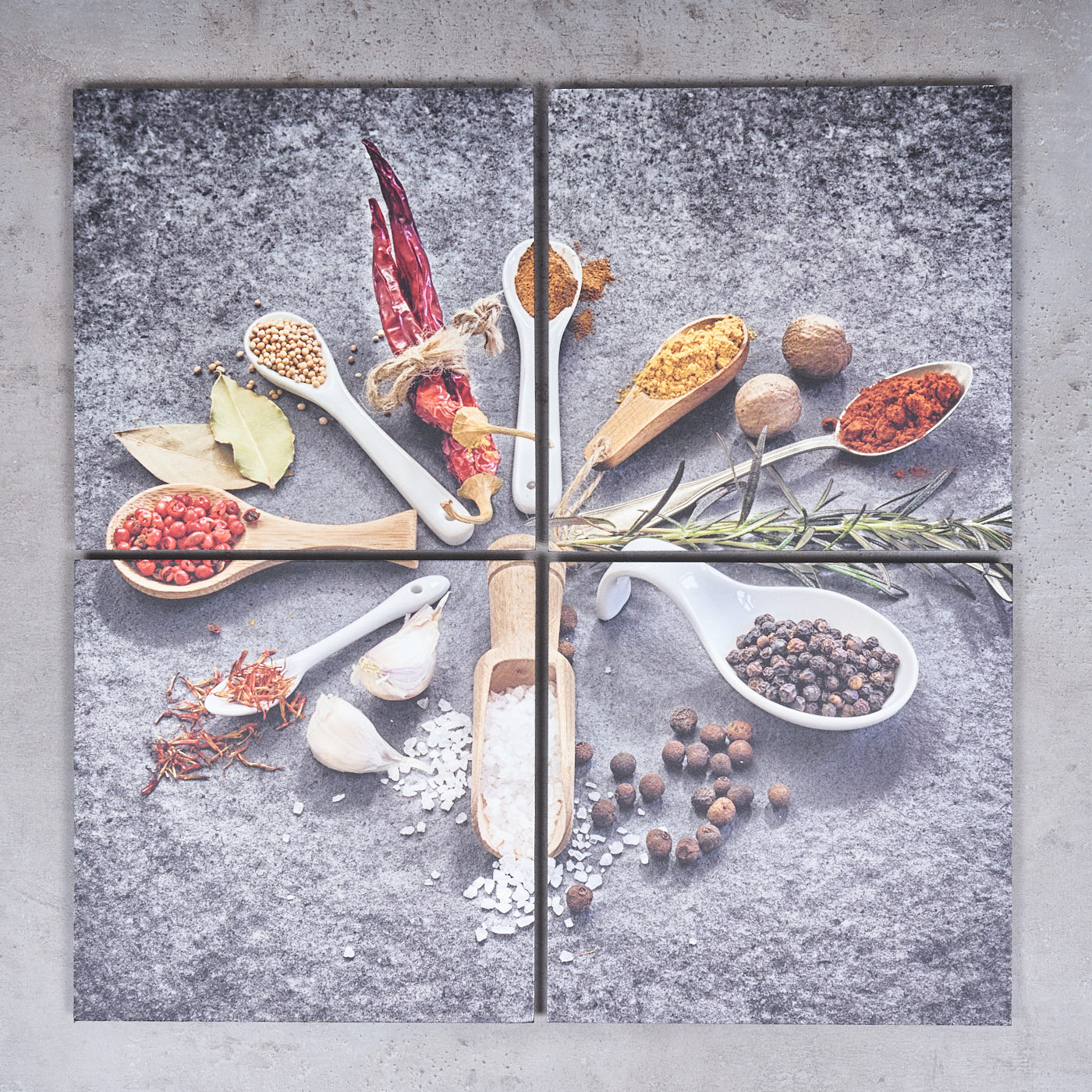 4er Set Wandbild 60x60cm Aluminium Dibond Gewürze Löffel Küche Deko Wanddeko