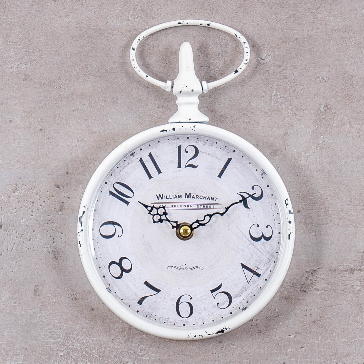 Wanduhr Antik Weiß H24cm William Marchant Metall Uhr Shabby Chic Vintage Retro