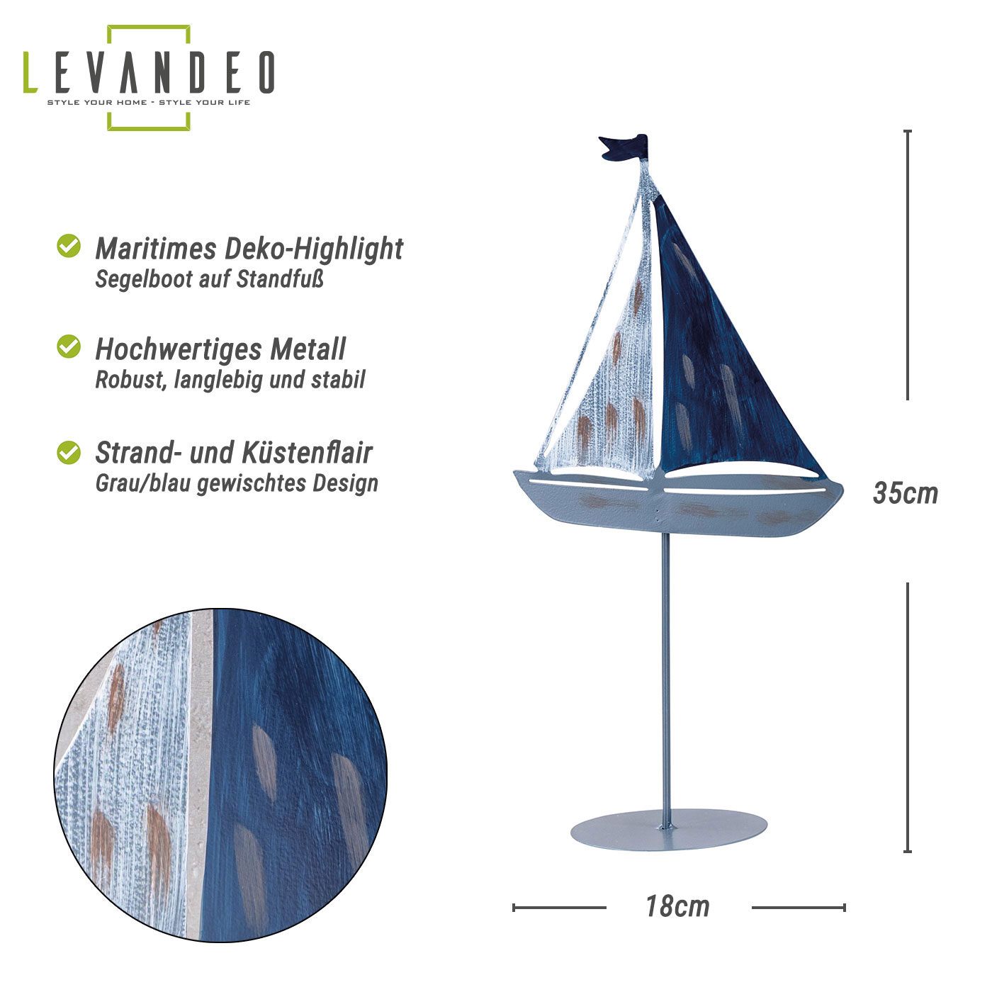 Deko Aufsteller Segelboot H35cm Grau Blau Weiß Metall Tischdeko Maritim Dekofigur