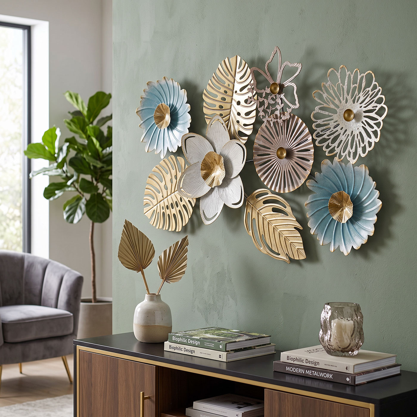 Wandbild Metall 3D 87x54cm Gold Weiß Türkis Monstera Schmetterling Wanddeko Deko