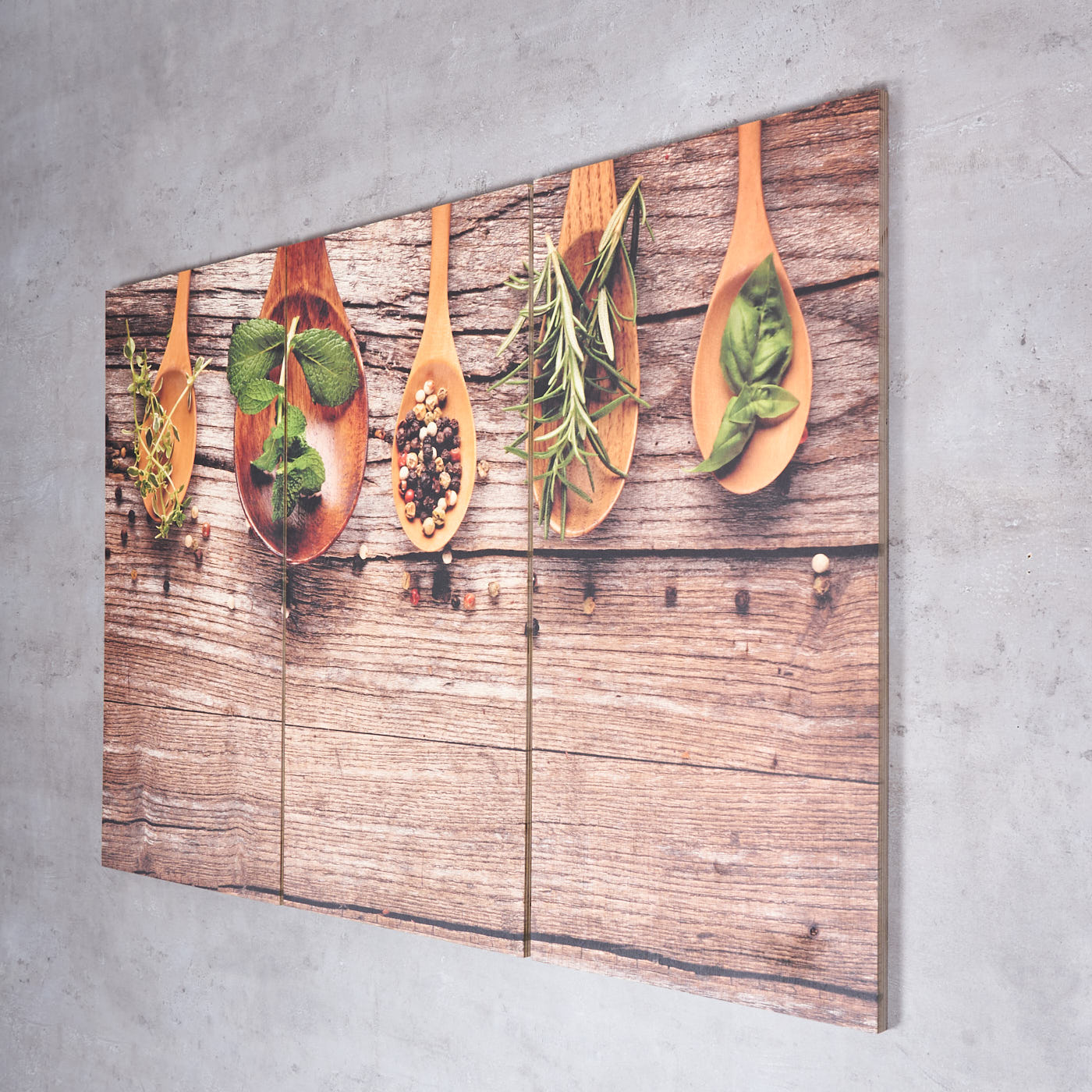 3er Set Wandbild 90x60cm Holz Birkenholz Kräuter Gewürze Küche Holzbild Wanddeko