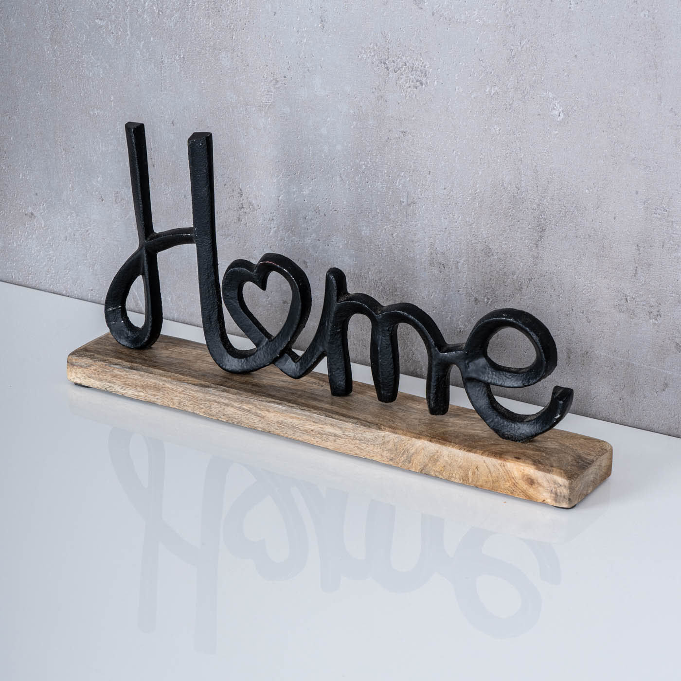 Aufsteller Schriftzug Home H17cm Metall Schwarz Holz Deko Mangoholz Tischdeko