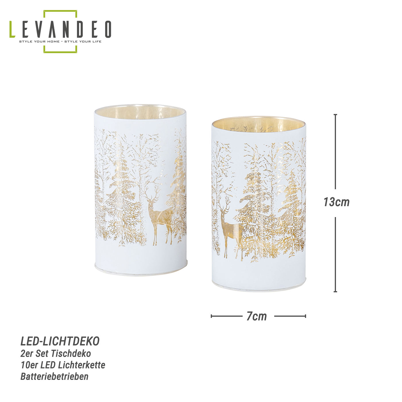 2er Set LED Windlicht H13cm Lichterkette Deko Glas Wald Weihnachten Tischdeko