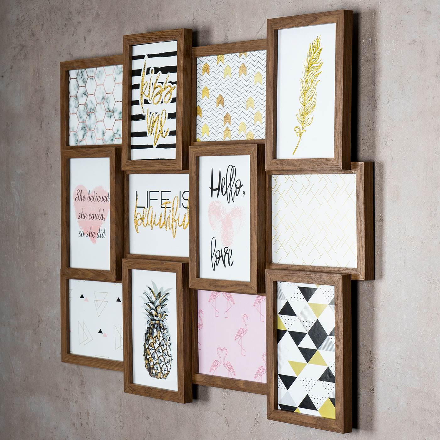 levandeo Bilderrahmen Collage 51x68cm 12 Fotos 13x18 Nussbaum MDF Holz Glas