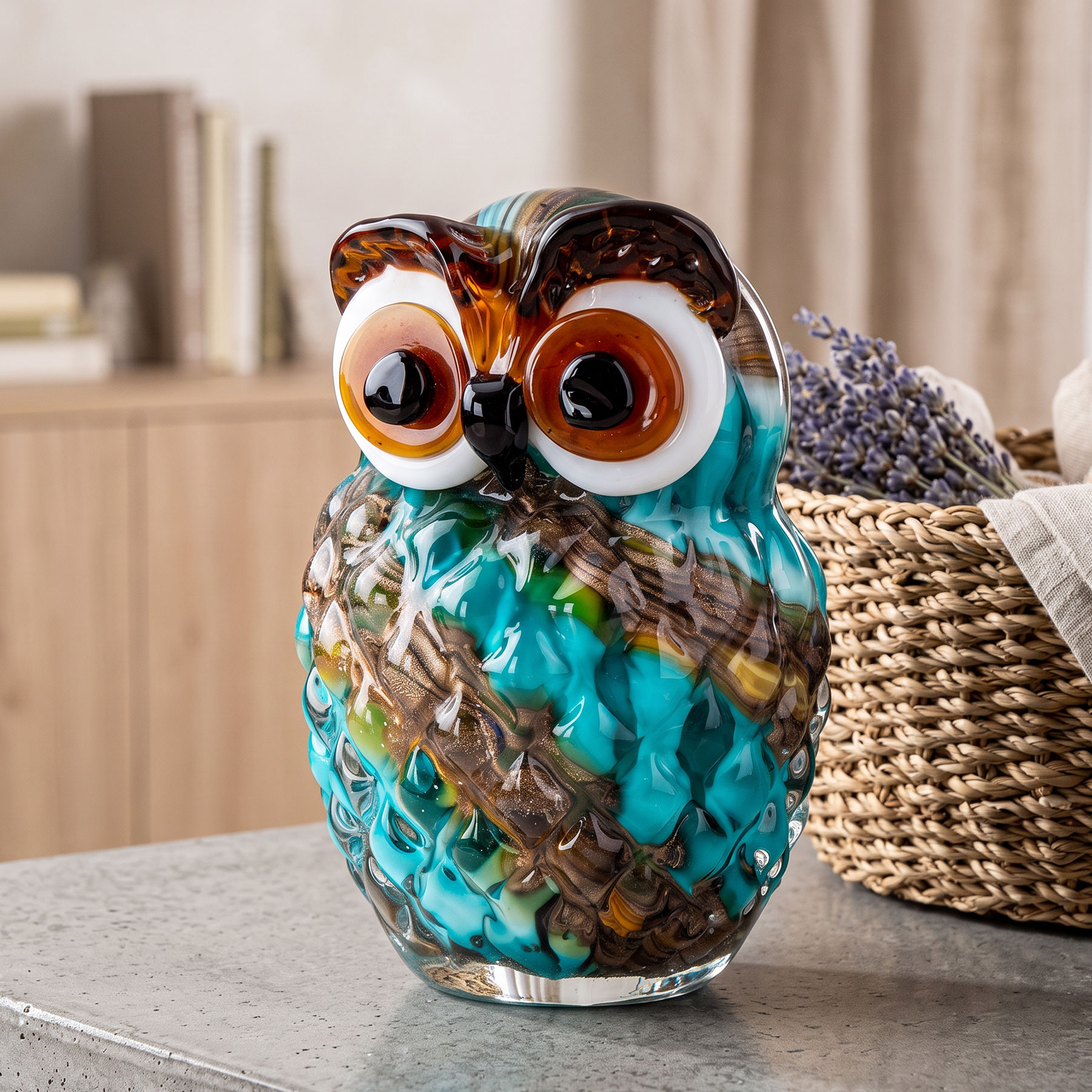 Glas Eule 19cm Murano-Stil Deko Figur Bunt Türkis Braun Vogel Skulptur Unikat