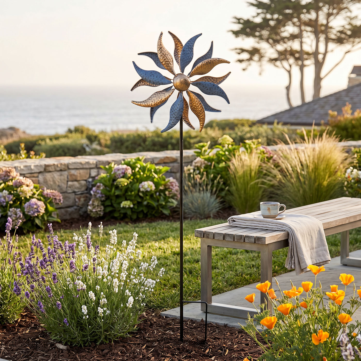 Gartenstecker Windrad H123cm Metall Gold Blau Windmühle Erdspieß Garten Deko