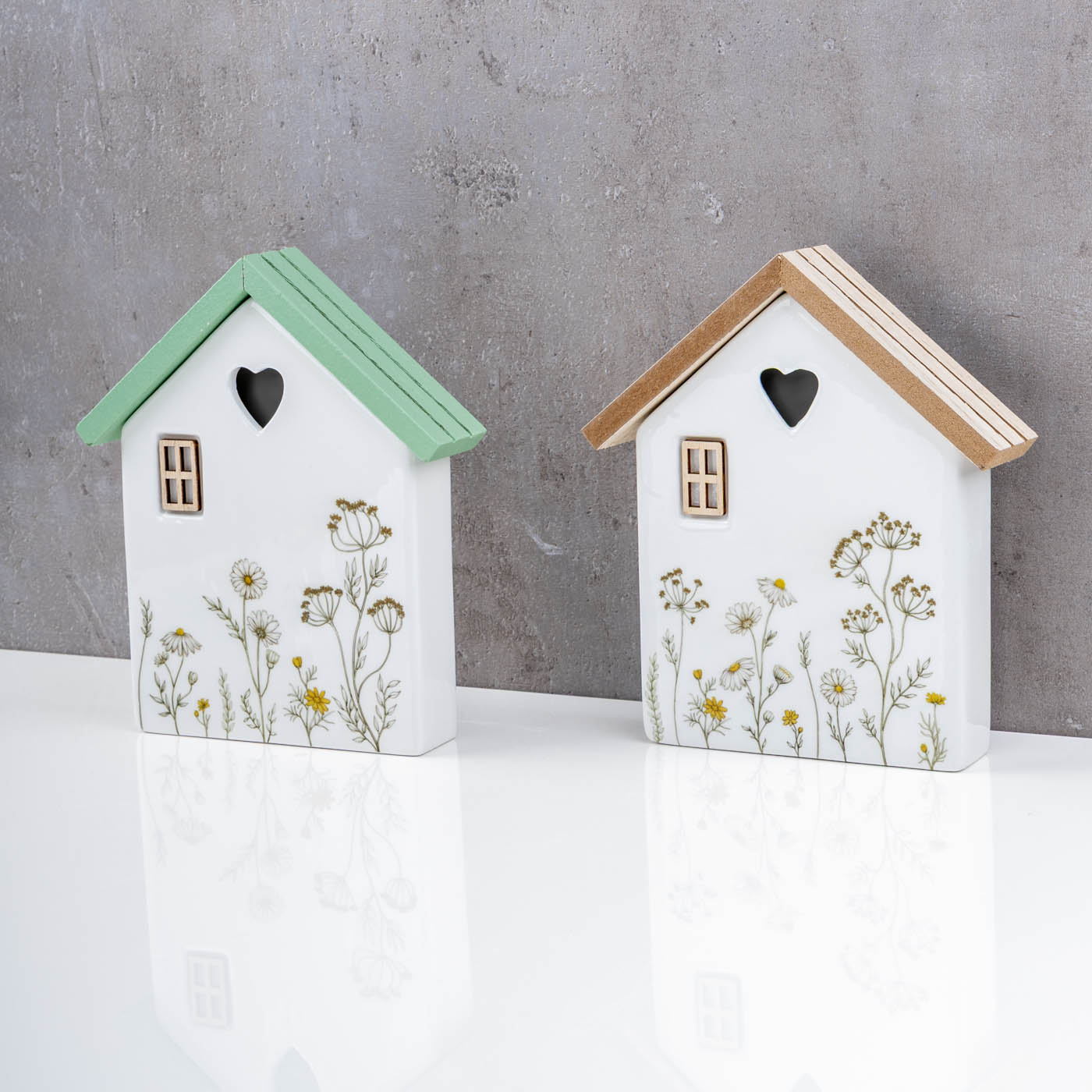2er Set Deko Aufsteller Haus H18cm Porzellan MDF Holz Blumen Tischdeko Frühling