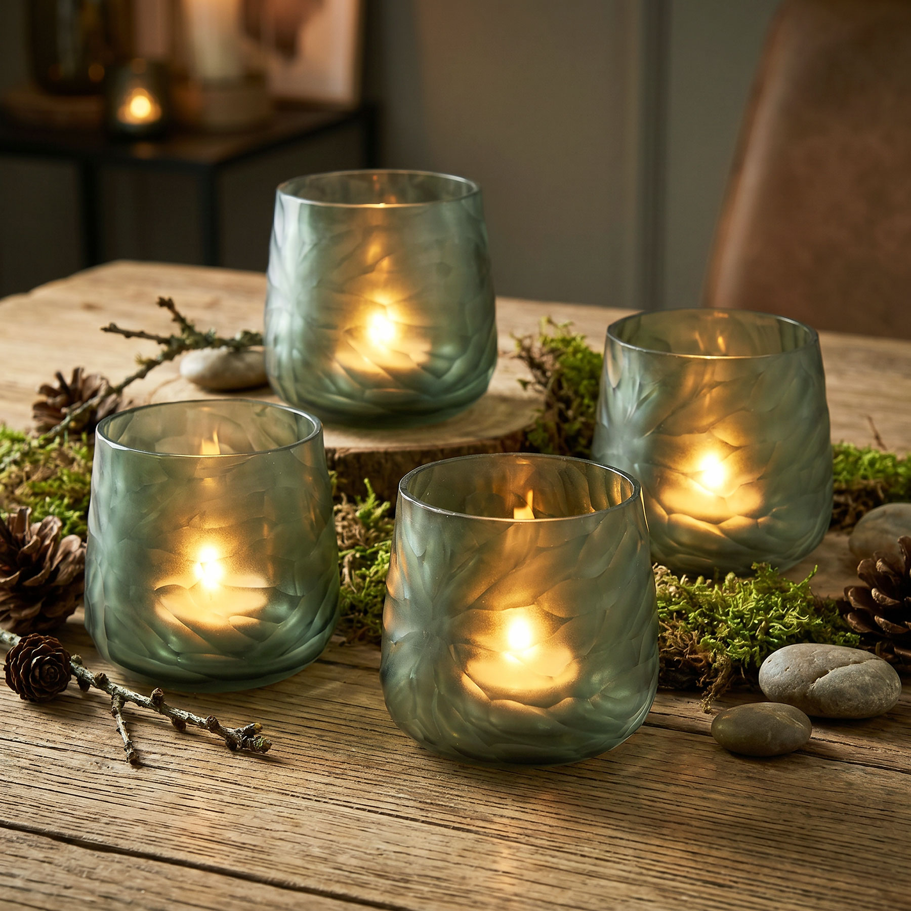 4er Set Glas Windlicht Grün Grau H10cm Teelichthalter Rauchgrau Tischdeko