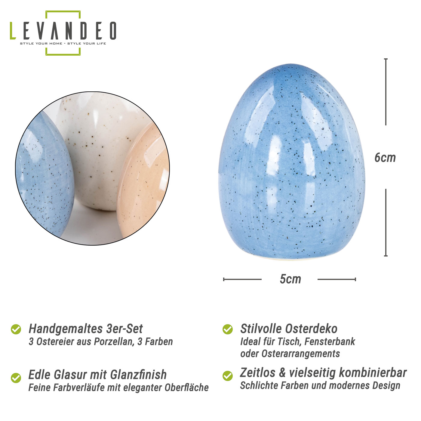 3er Set Deko-Eier Porzellan Blau Creme Beige Osterdeko Ostereier Tischdeko Ostern