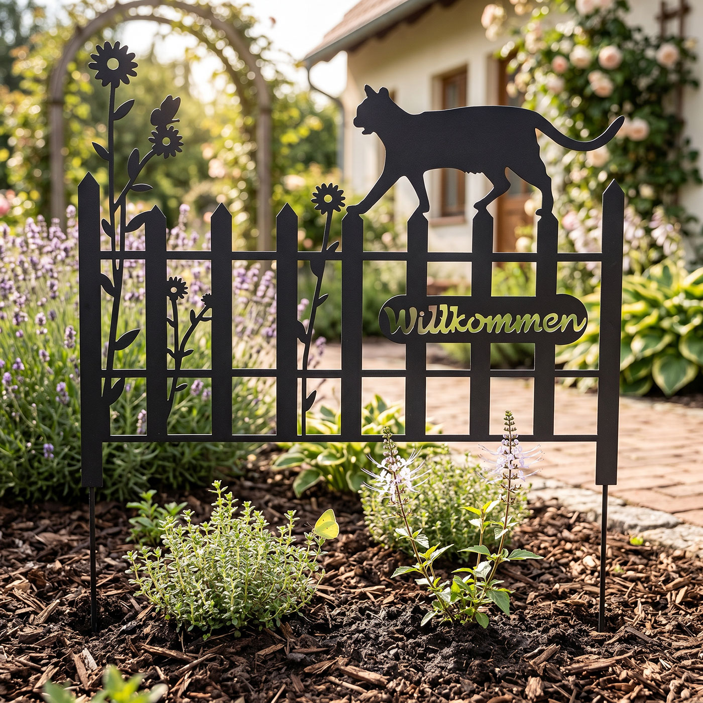 Gartenstecker Metall Katze 37x40cm Garten Zaun Schwarz Willkommen Gartendeko