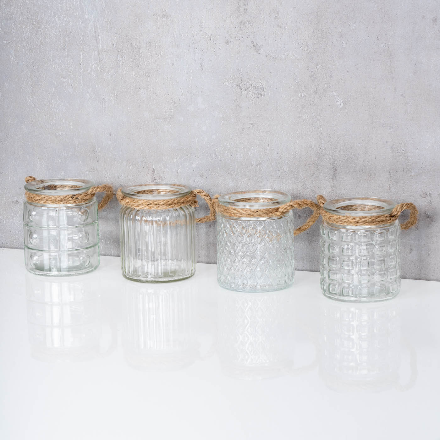 4er Set Windlicht Klar Glas H10cm Teelichthalter Tischdeko Kerzen Deko Retro