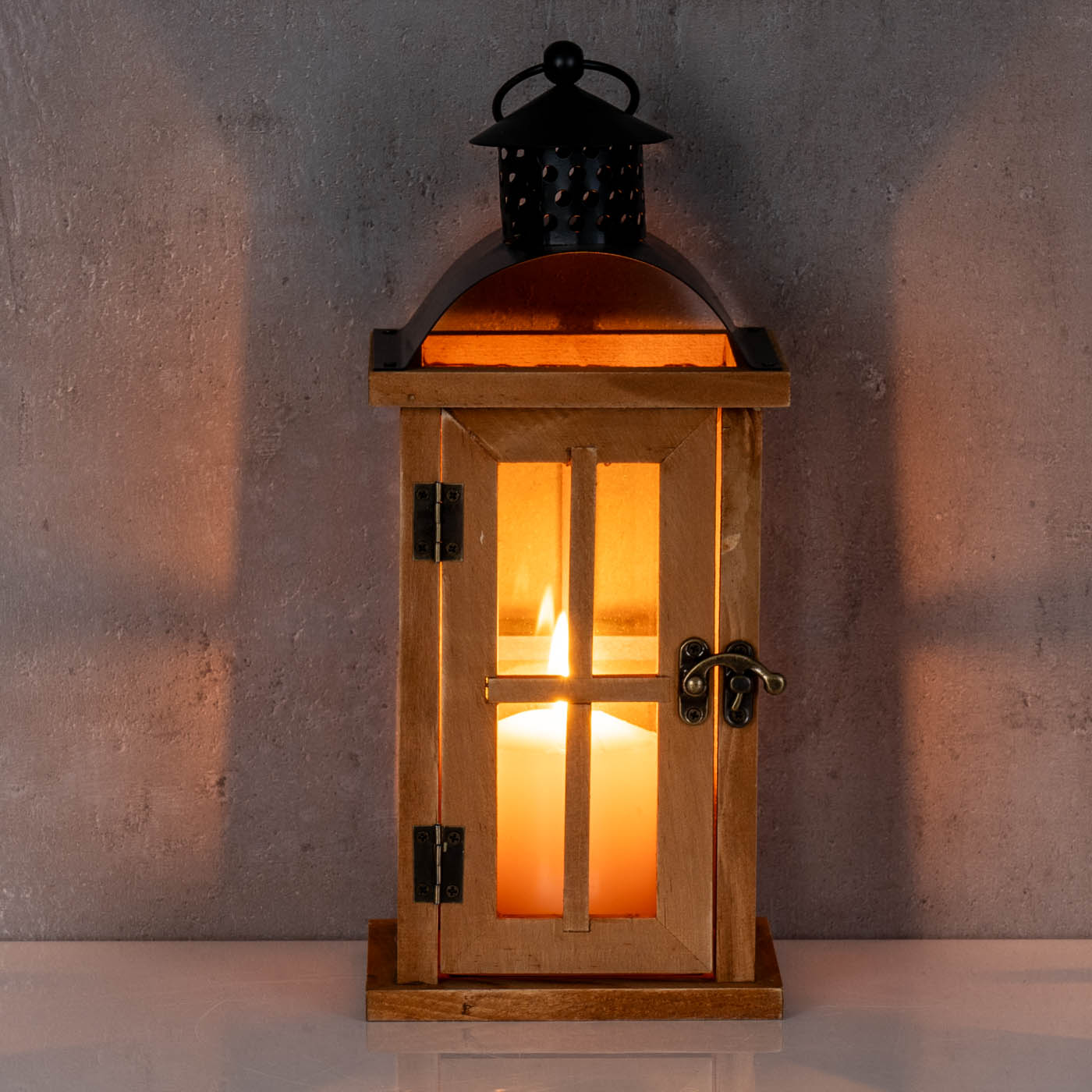 Laterne H29cm Braun Holz Metall Kerzenhalter Windlicht Gartendeko Holzlaterne