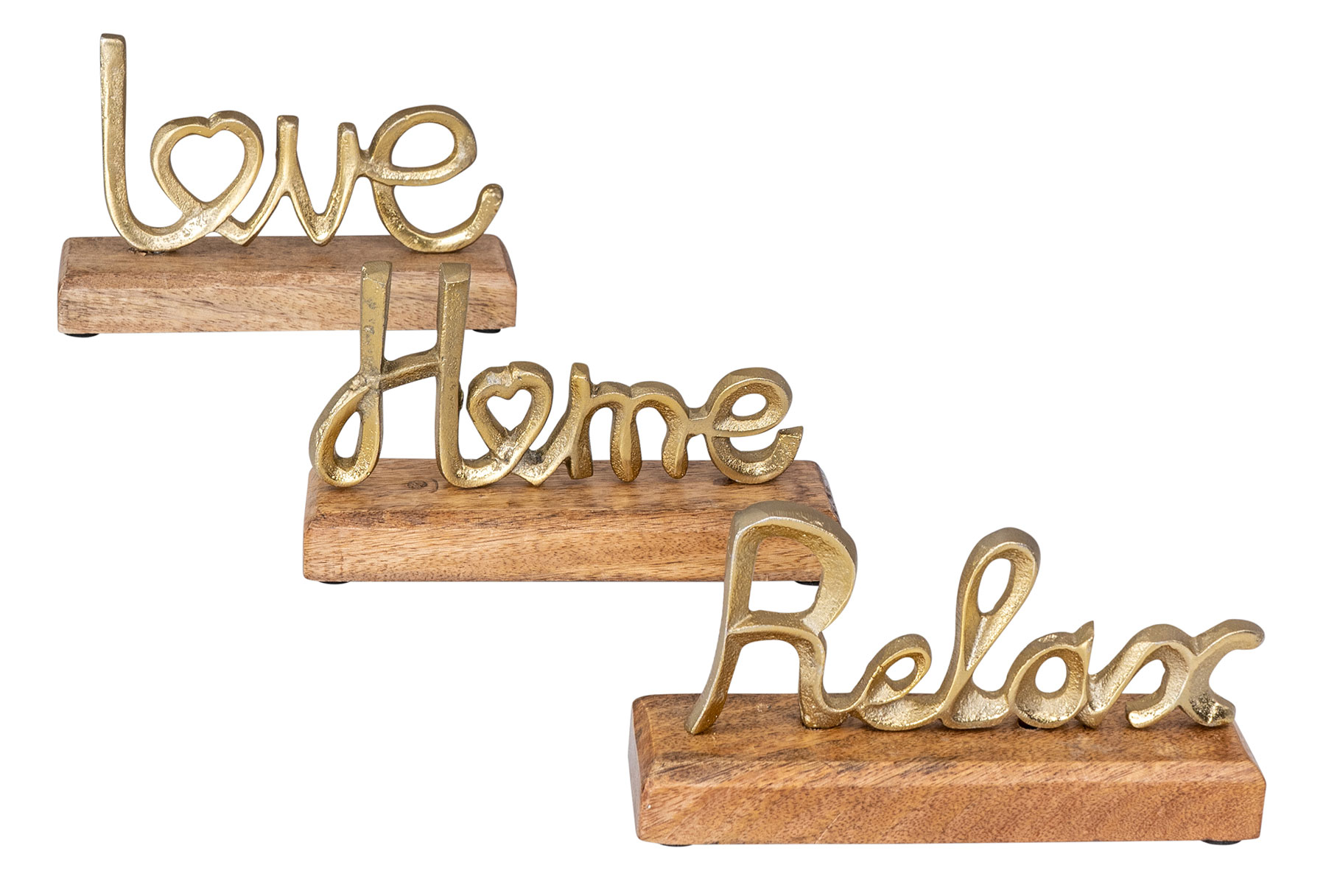 3er Set Schriftzug Love Home Relax Gold Mango Holz Metall Aufsteller Deko