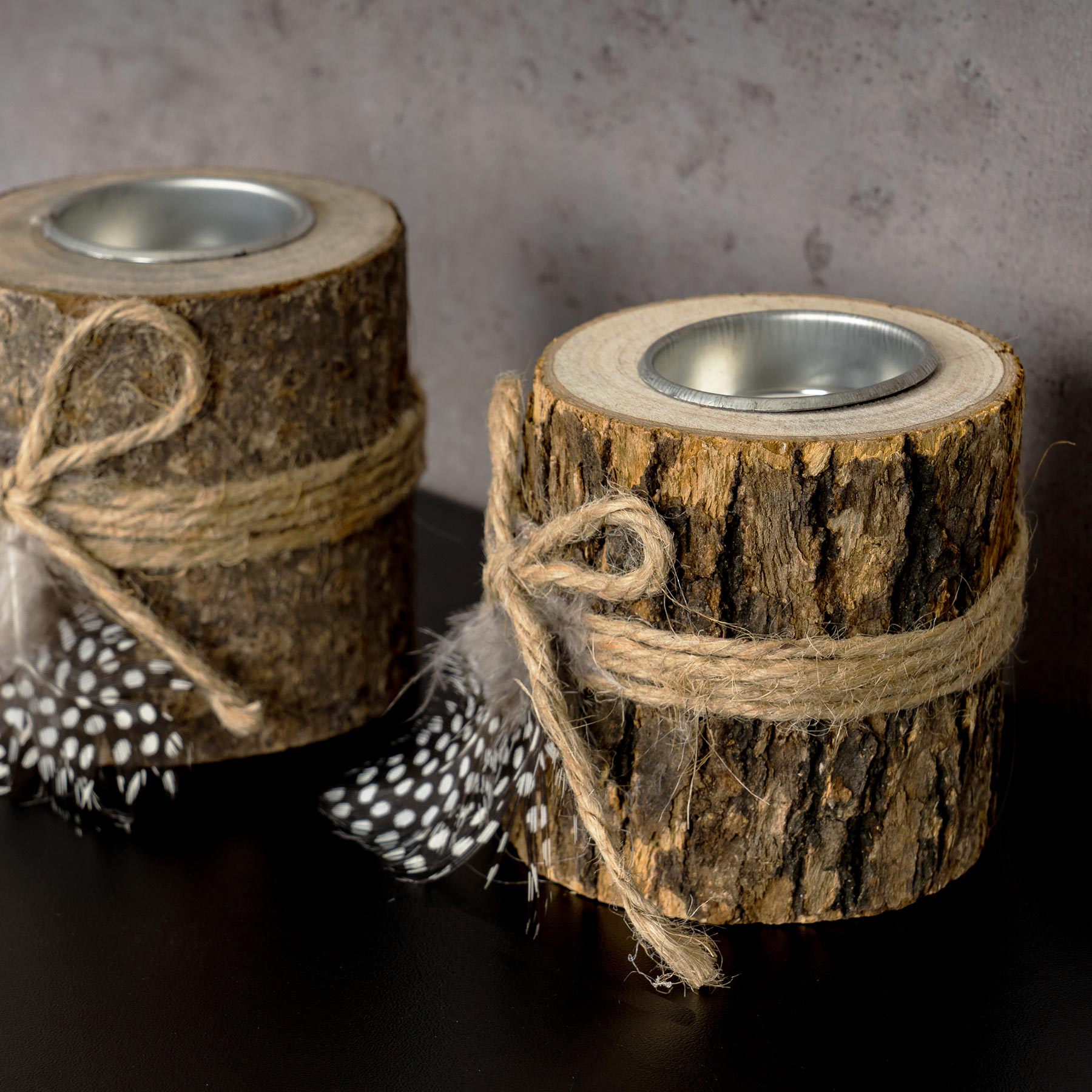 2er Set Teelichthalter Holz je 8,5cm hoch Kerzenhalter Federn Kerzenständer