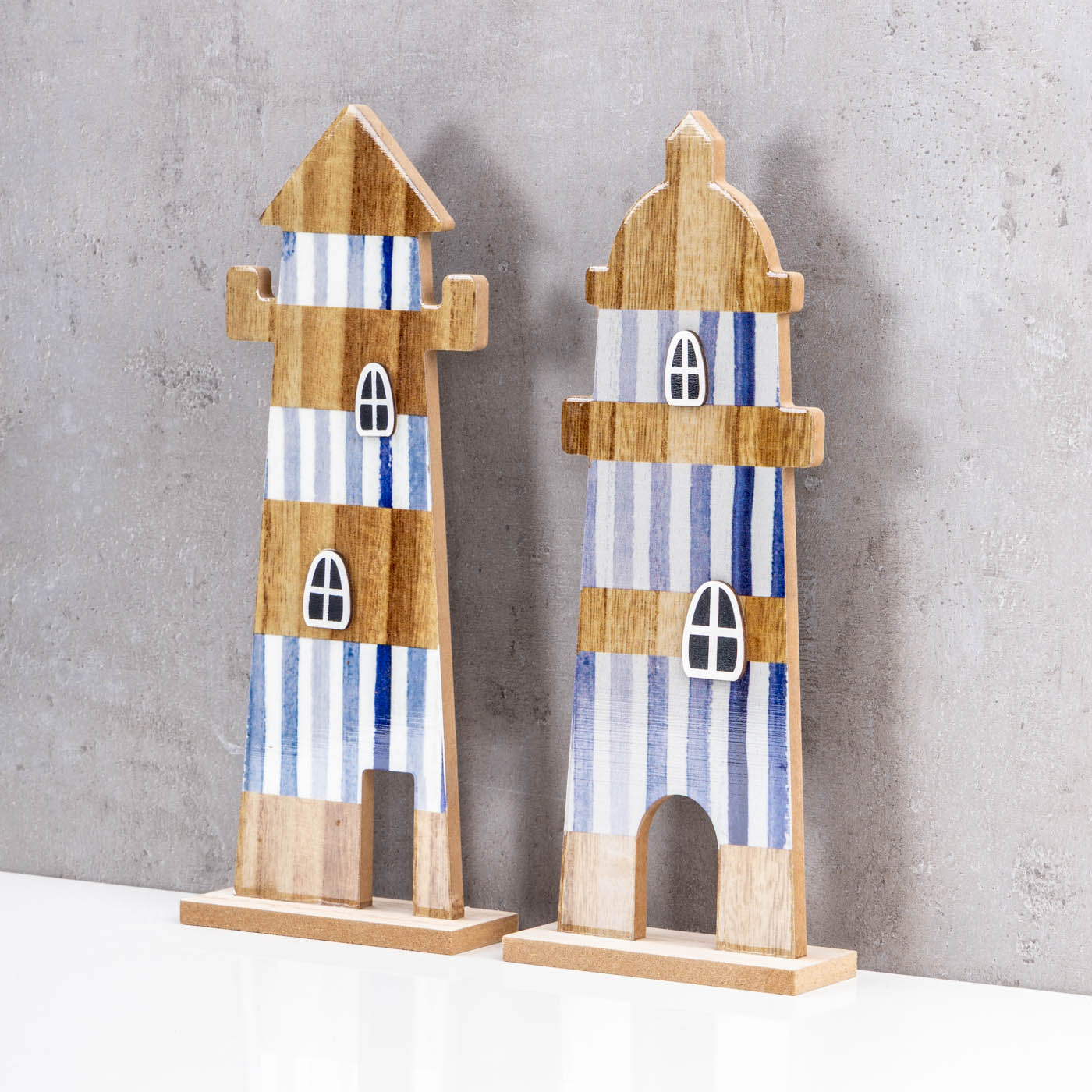 2er Set Deko Aufsteller Leuchtturm H31cm Blau Weiß Natur Maritime Deko Tischdeko