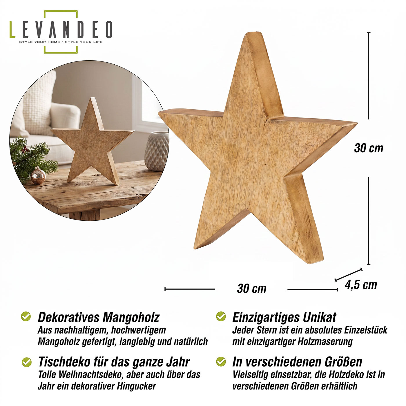 Stern Holzstern Mango 30cm Mangoholz Braun Natur Deko Tischdeko Holzdeko