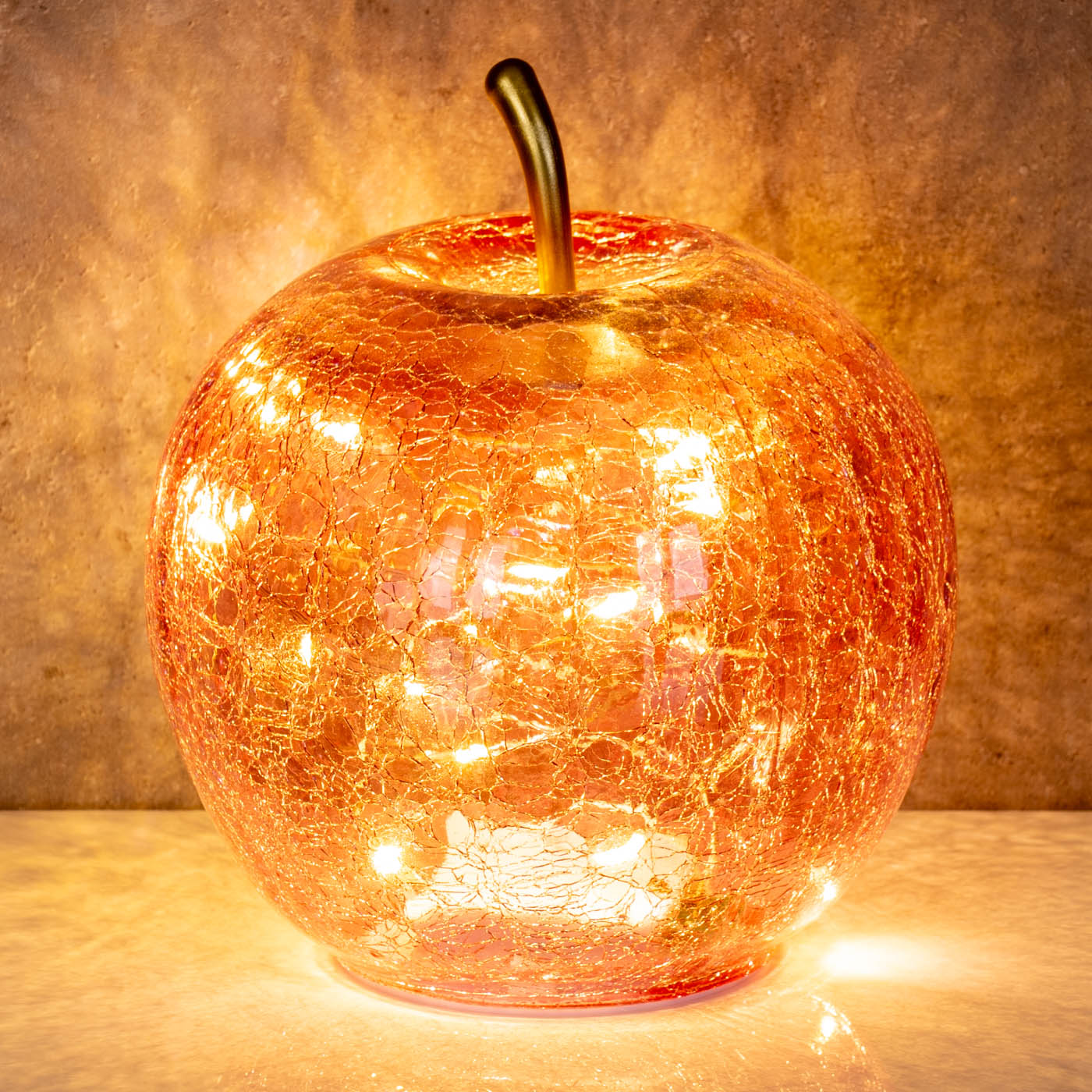 LED Apfel H17cm Rosa Glas Dekolampe Timer Tischlampe Stimmungslicht Dekoleuchte