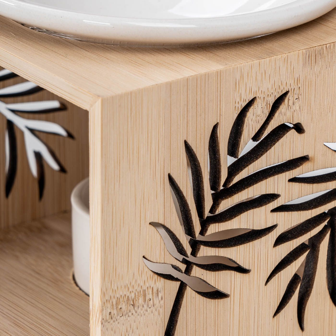 Duftlampe Bambus Natur Weiß Keramik Holz Aromalampe Palmen-Blatt inkl. 10 Duftöle