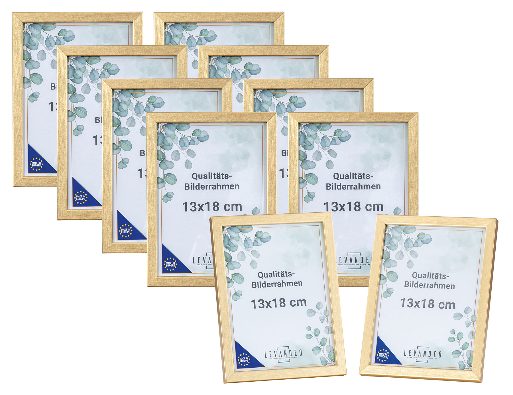 10er Set Bilderrahmen Echtholz Made in EU 13x18 Gold Glasscheibe Fotorahmen