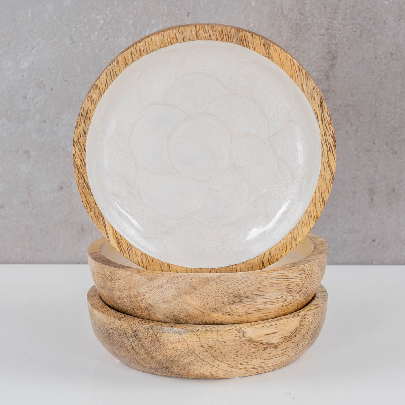 3er Set Teller 10cm Mango Holz Creme Perlmutt Emaille Snacks Dip Schale Tischdeko