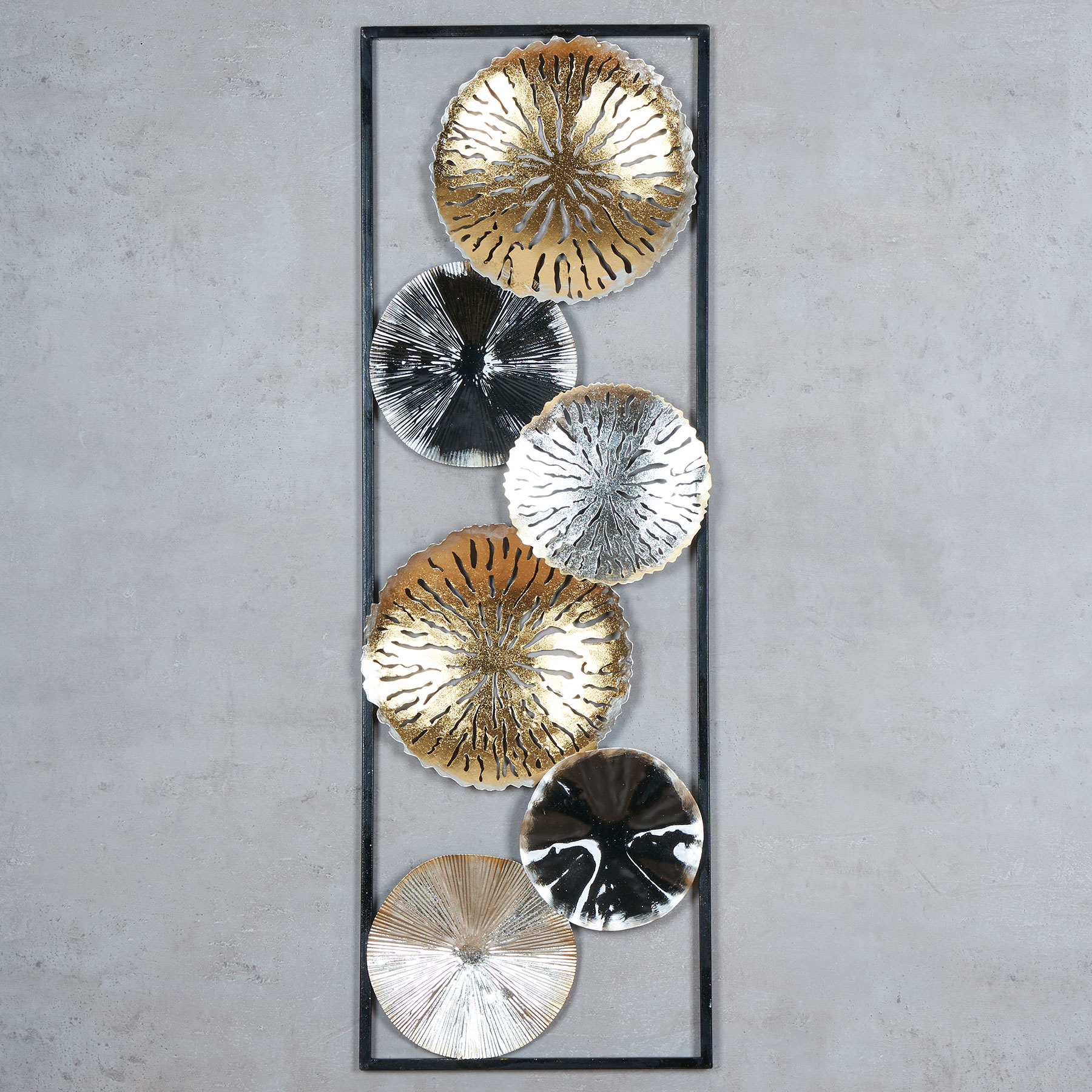 3D Wandbild 30x90cm Ringe Metall Silber Kupfer Gold Deko Teller Wanddeko Design